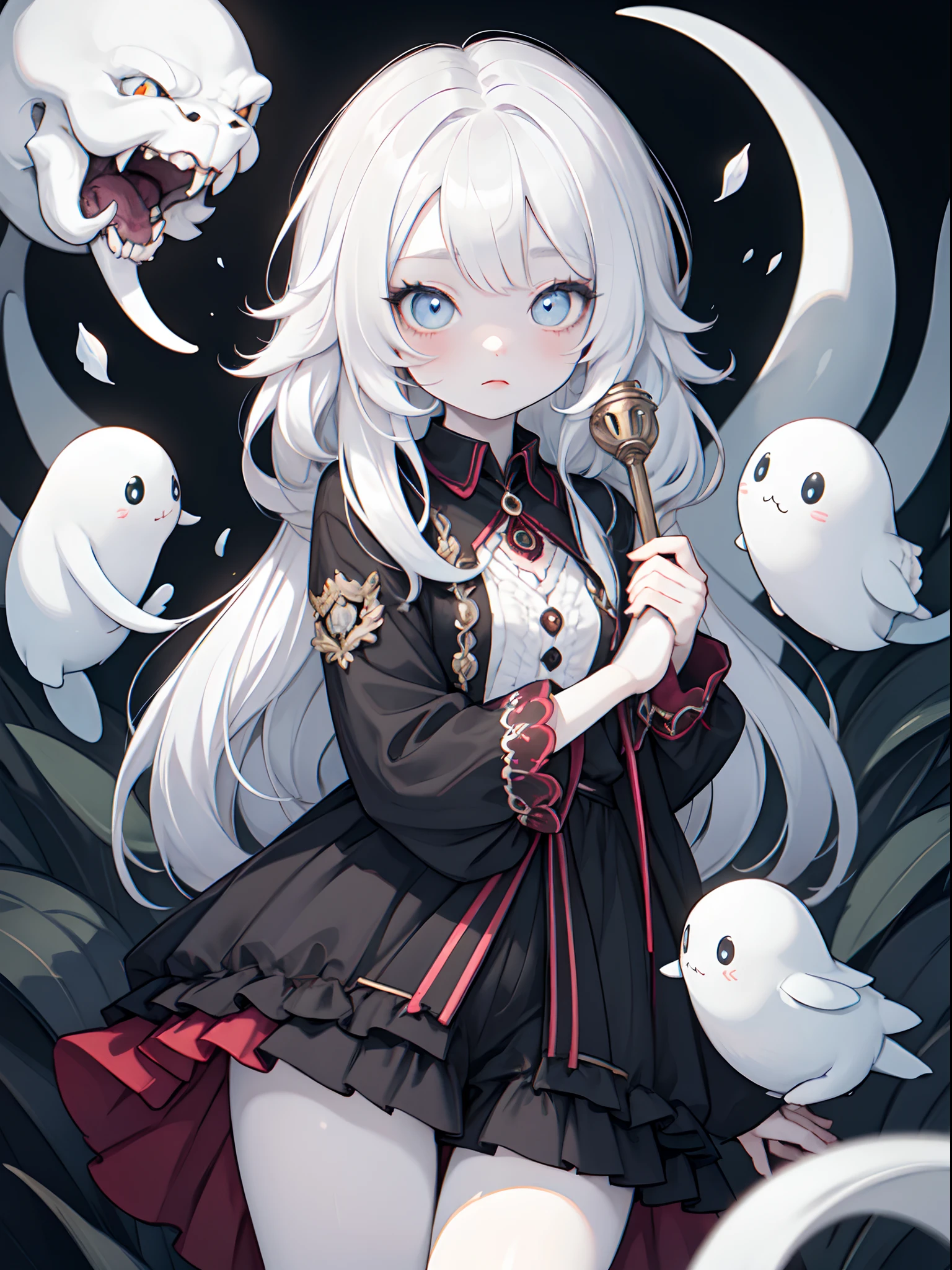 "A girl ghost with pale, paper-white skin, wild and disheveled bright white hair, and mesmerizing white eyes adorned with spirals, wearing tattered clothing and clutching onto an aged plush toy." hypnored, chiaroscuro, Raking light, masterpiece, best quality, ultra high res, beautiful, visually stunning, elegant, (dark)