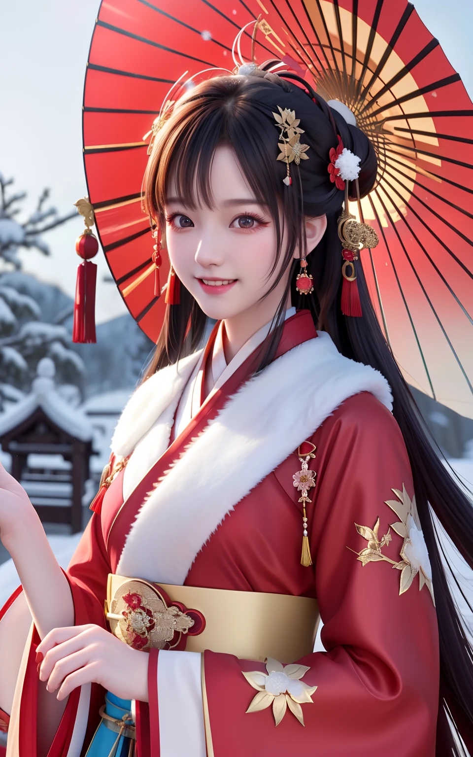 High resolution, 1girl, (glamorous smile: 0.8), Chinese Hanfu, red Hanfu, hair accessories, snow, beauty, ultra-high-definition pictures, complex and detailed light, shadow and refraction, exquisite and high-quality atmospheric lighting, Octane rendering engine, focus Clear, high contrast, high resolution, cinematic concept photography