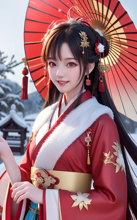 high resolution, 1girl, (glamorous smile: 0.8), chinese hanfu, red hanfu, hair accessories, snow, beauty, ultra-high-definition ...