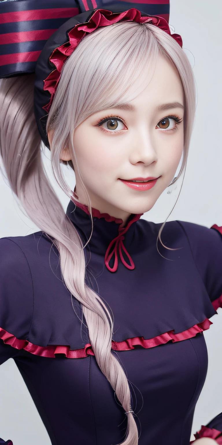 , top-quality, ShalltearV4, 1girl in, 独奏, doress, frilld, the bow, Hair Bow, tusk, Bewitching smile, pale-skinned, Shines, radiant eyes, portraitures,Complete body,