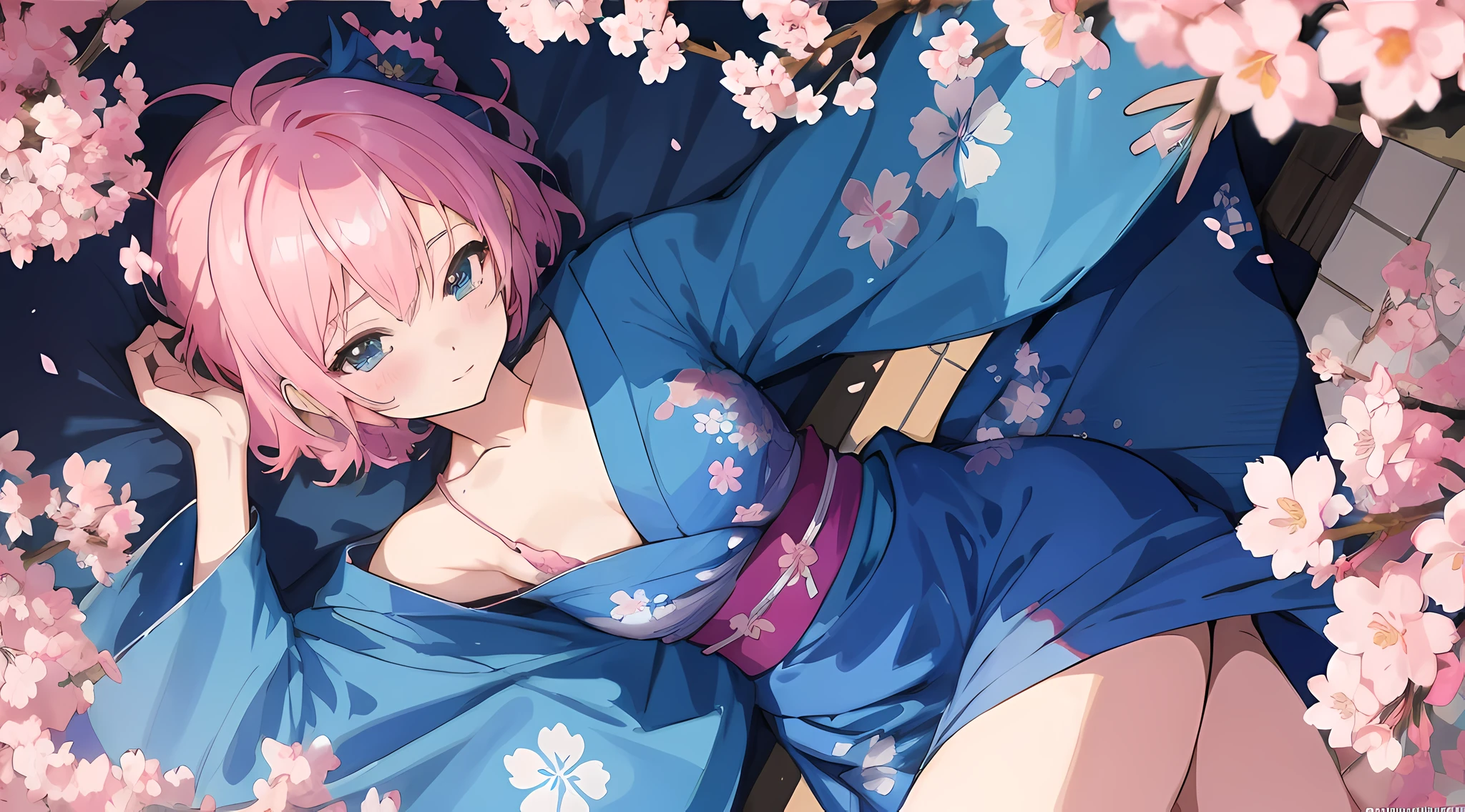 anime girl in blue kimono with pink hair and blue dress, best anime 4k konachan wallpaper, anime style 4 k, anime wallpaper 4 k, anime wallpaper 4k, seductive anime girl, anime art wallpaper 4k, anime art wallpaper 4 k, 4k anime wallpaper, anime art wallpaper 8 k, sakura petals around her, beautiful anime girl