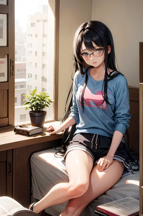 1girl, cabello atado, gafas, 
Sentado en una bolsa de frijoles junto a la ventana, dormitorio femenino, Lectura de libro manga, ...
