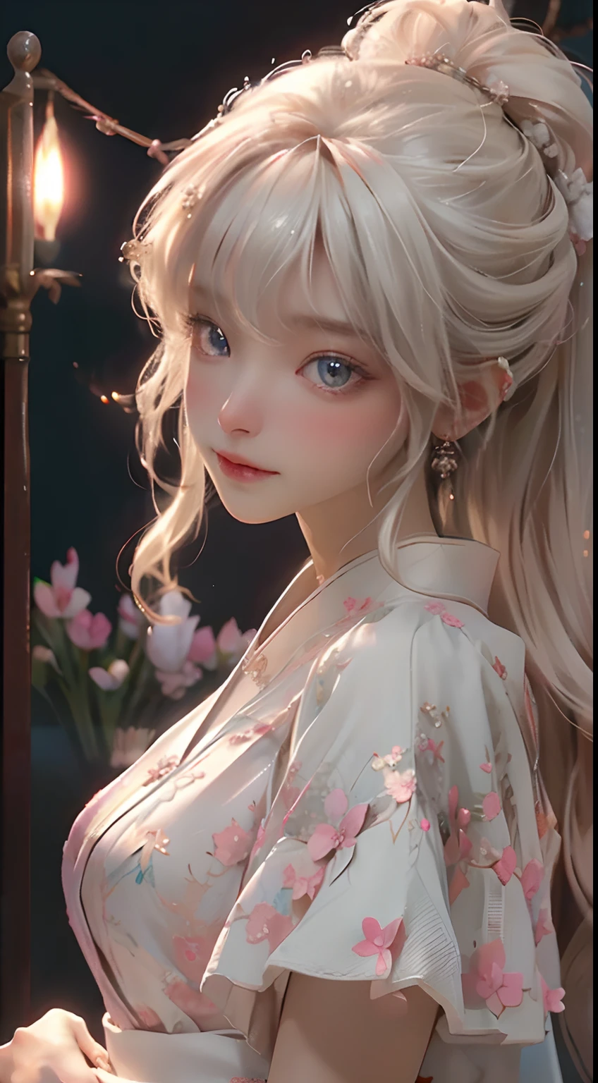 （a color），（Delicate beautiful eyes and delicate face），Among the flowers and plants of the forest，Movie lamplight，bust，Highly detailed CG Unity 8k wallpaper，whaite hair，solo，ssmile，Complex skirts，（（Fly petals）） ,(Flowery meadow) sky, cloudy_sky, building, moonlight, moon, night, (dark theme:1.3), light, fantasy，{best qualtiy}，{ {tmasterpiece}}，Extremely detailed 8k wallpaper，{An extremely delicate and beautiful}，coloured with lots of colour，intricately details，photorealestic，Realiy，Camera quality，（Carefully portray clothes），Cold white skin，（Carefully portray blush）,1080P，Soft cute，Silky light blonde hair，Messy beauty，lamplight，Sense of brokenness，The skin is shiny and silky，3D stereoscopic，tmasterpiece，The best quality，The illustrations are super detailed，beautidful eyes，Very delicate light，Fine luminescence，Very detailed 8k CG wallpaper，Peach blossom eyes，An extremely delicate and beautiful girl，8k wallpaper，best qualtiy，close-up all over the body，Luxuriously silky bright red chiffon overshine（illusion，glitters，Ultrathin，softness，）