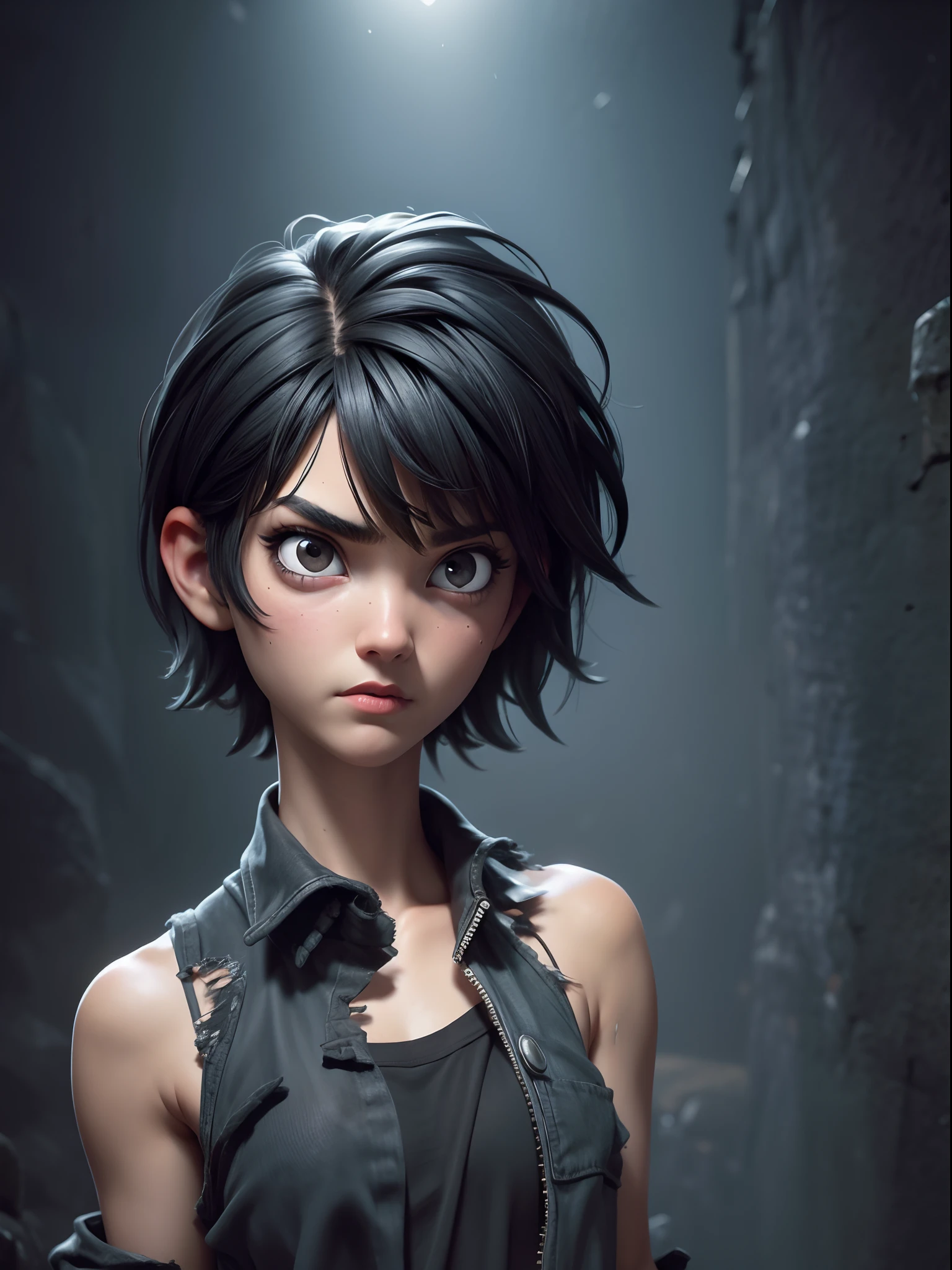 1girl, short black hair messy, black eyes, psycho look, gray haze around, peeking out upper body, dark cave, Ripped clothes, 16k