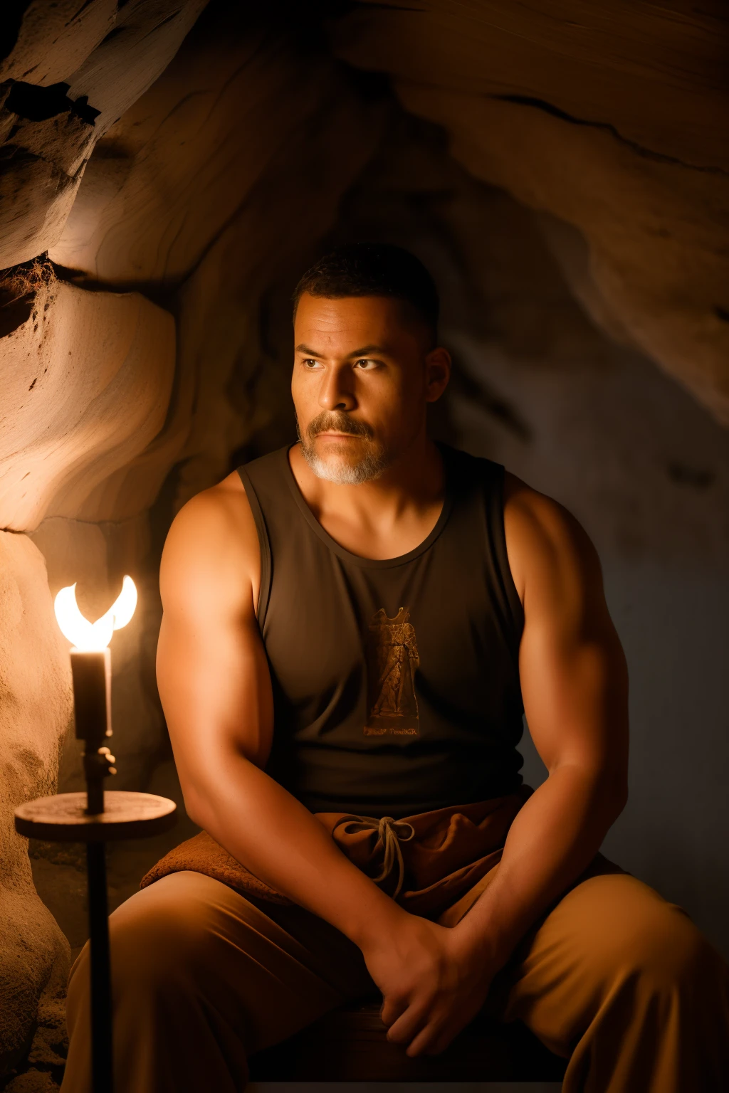 RAW photo, a medieval warrior sitting facing the viewer on a rustic wooden throne, ((wearing his typical warrior attire soiled with blood)), Male pose of a warrior. Scenery of a cave with a dark background, lit by torches on the stone walls. 105mm Professional Photography, Analogue Photography, Vintage Style, Dark Theme, (Highly Detailed Skin:1.2), 8k UHD, DSLR, Soft Lighting, High Quality, Film Grain, Fujifilm XT3