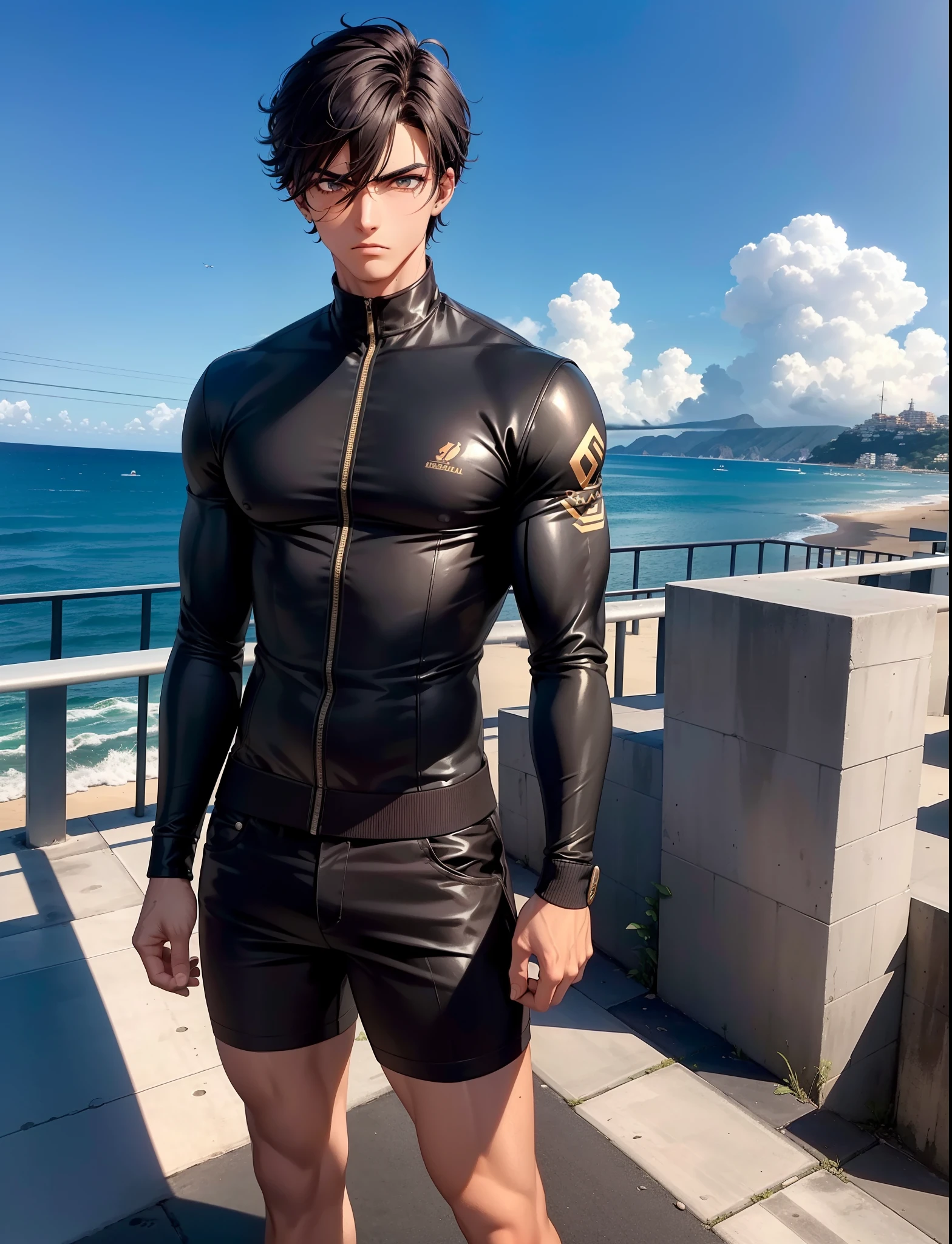 Original character, masculine, Cao Cao, Scrawny, age 17 years, black short hair, Brown eyes, Caucasian skin, city in the background of the image, face expression, best qualityer, 8k, ultra HD, ((wearing school clothes)), angry facial expression