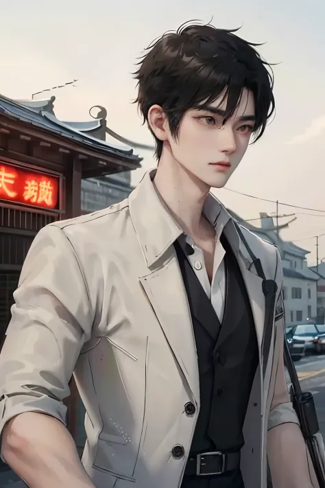 A Chinese man，25 age old，2D，short detailed hair，flathead。brush cut，full bodyesbian，Semi-thick coating，Strong，retro tone，hand painted style，2D，full bodyesbian，stubbles，misterious，Retro，Retro Republic of China streets，blacksuit，white  shirt，wind coat，vest，sh...