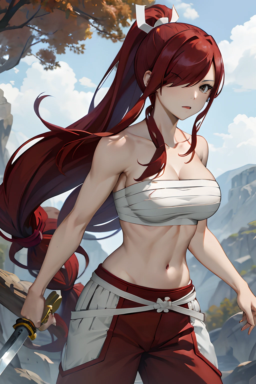 masterpiece, best quality, highres, fairy tail, 1girl, long hair, red hair, ponytail, white ribbon, hair over one eye, brown eyes, large breasts, collarbone, chest sarashi, bandage, bare arms, midriff, red hakama, red pants, standing, holding weapon, sword, katana, outdoors,