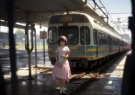 Photos from the 1990s、Fuji Film、championship、​masterpiece、A woman in a pink dress is standing beside a train, Train, alexey egor...