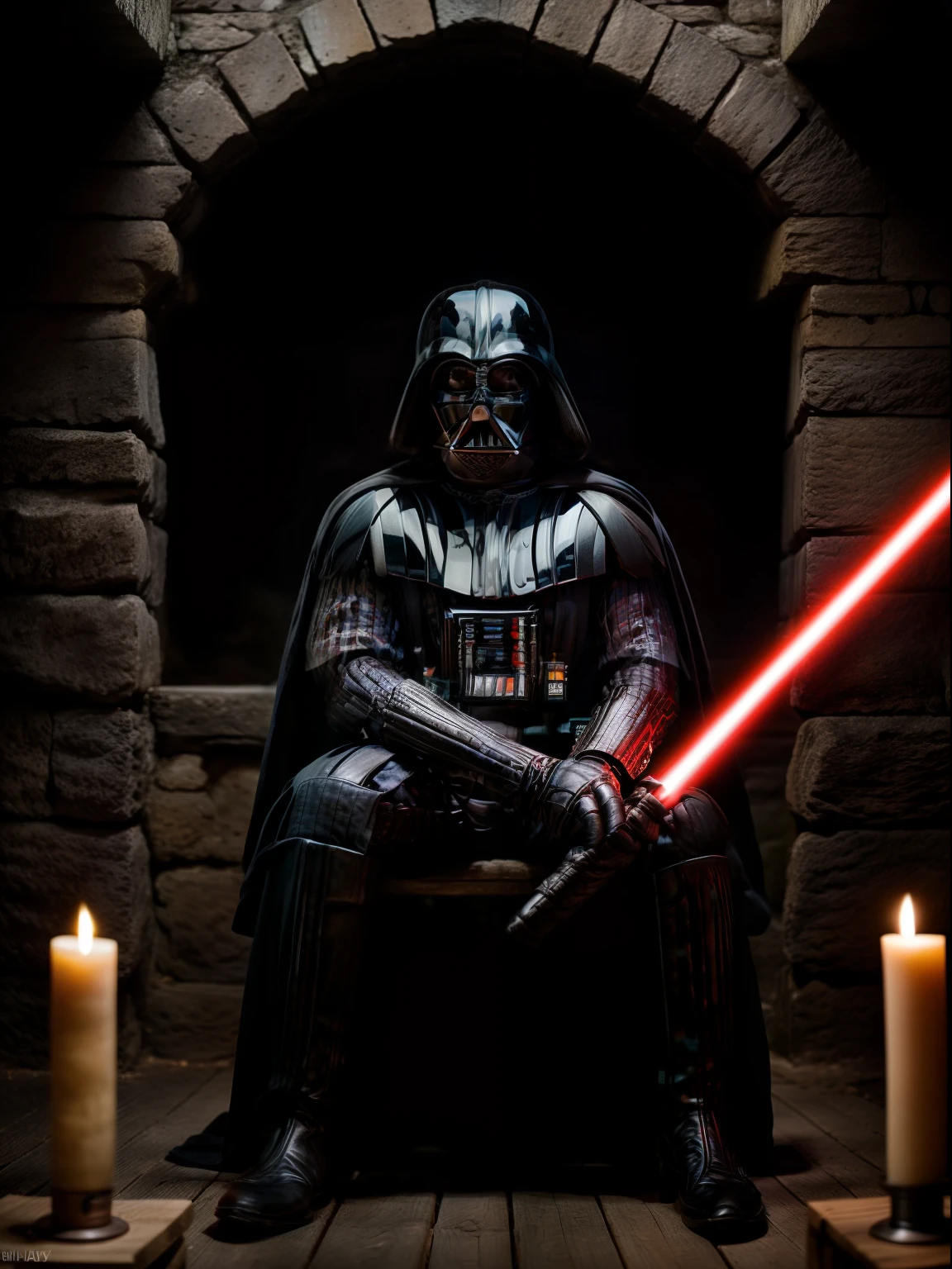 RAW photo, Darth Vader sitting facing the viewer on a rustic wooden throne, ((wearing his typical armor)). Scenery of a space cave with a dark background, lit by torches on the stone walls. 105mm Professional Photography, Analogue Photography, Vintage Style, Dark Theme, (Highly Detailed Skin:1.2), 8k UHD, DSLR, Soft Lighting, High Quality, Film Grain, Fujifilm XT3