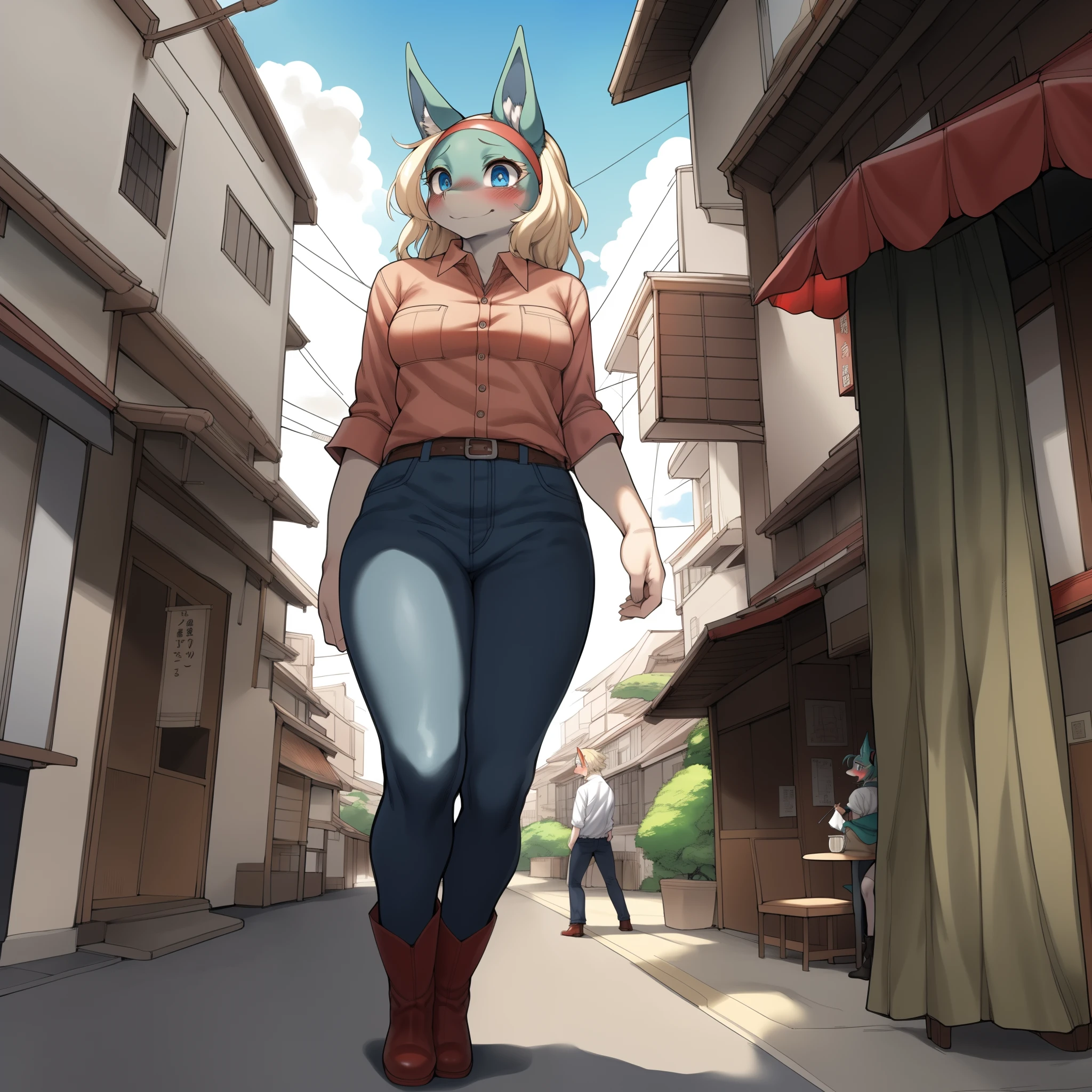 Ippan_josei, by gudlmok99, by sleepiness18, by kikurage, full body shot, standing close to you, solo, looking down at viewer, looking nervous, smiling nervously, hands behind back, blushing, (wearing red button up shirt):1.1, Blue skinny jeans, red button up shirt, blue eyes, clearly drawn eyes, good anatomy, white and red boots, outside a Japanese cafe, pov, tall woman, view from below