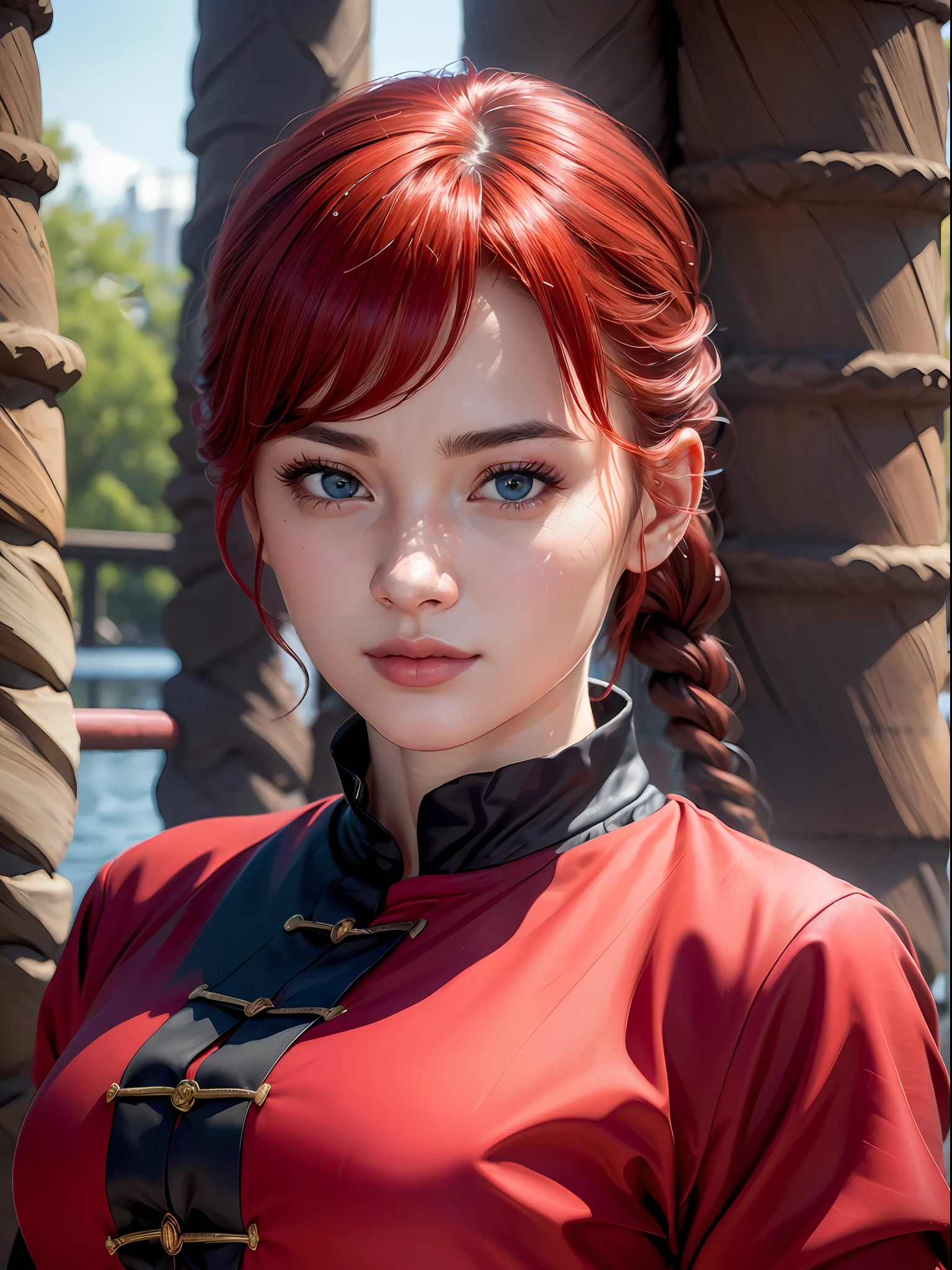 (masterpiece, best quality:1.4), (close up:1.5), (eyes focus:1), 1girl, ranma-chan, (1girl), solo, blue eyes, (red hair),  bangs, tangzhuang, braided ponytail, sleeves rolled up, black pants, black footwear, on a chinesse garden with sakura trees, a bridge and water, looking at viewer, sexy smile, beautiful face, highly detailed face, highly detailed eyes, highly detailed skin, skin pores, subsurface scattering, realistic pupils, full face blush, full lips, detailed background, depth of field, volumetric lighting, sharp focus, absurdres, realistic proportions, good anatomy, (realistic, hyperrealistic:1.4), 16k hdr,