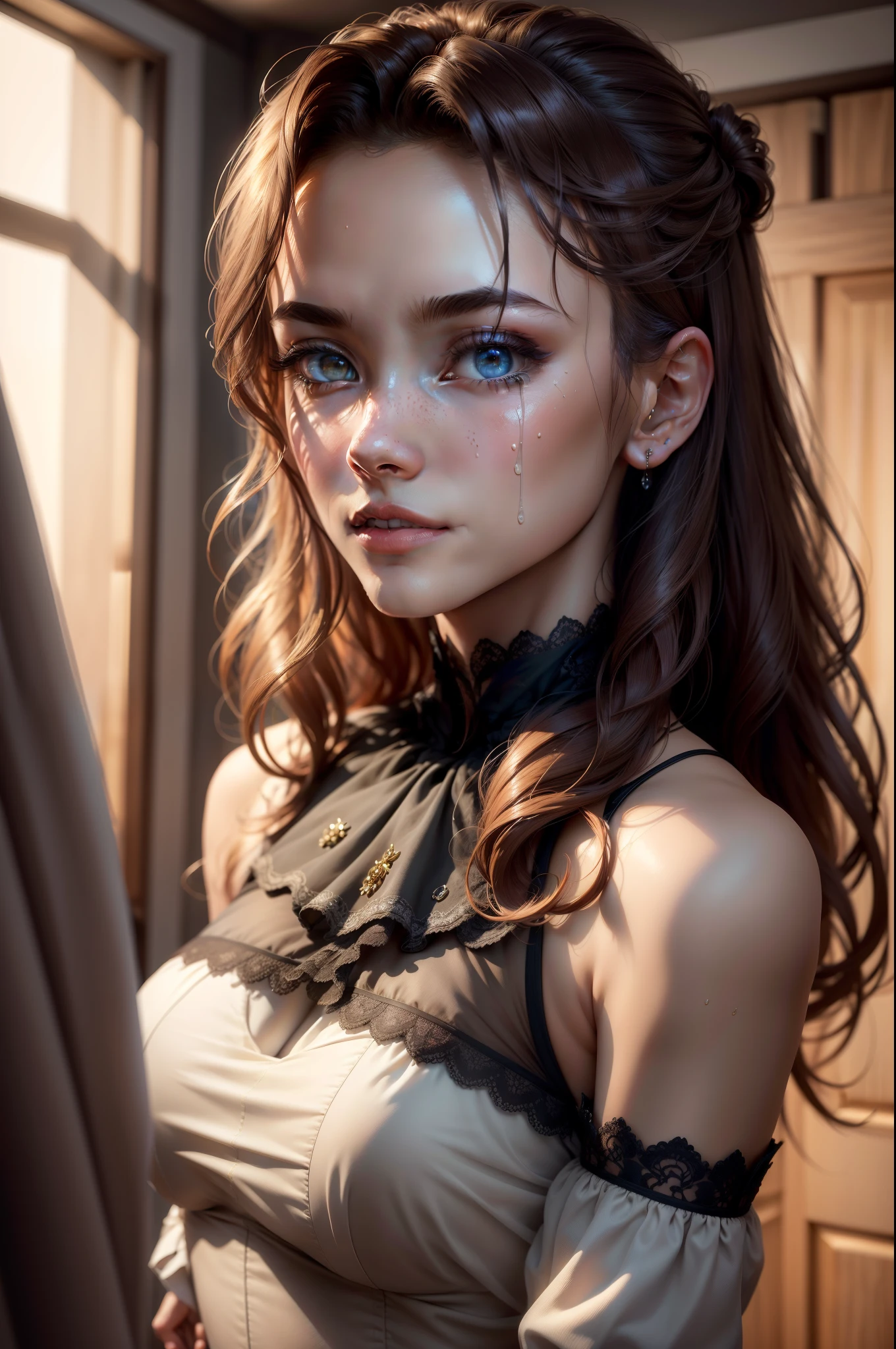 ((night time, Realistic light, Best Quality, 8K, Masterpiece: 1.3)), Slender Beauty: 1.4, Outstanding Press: 1.1, (brown hair, big breasts: 1.2), Wet silk dress: 1.2, Bathroom, Super Slim Face, Full Eye Detail, double eyelids). {{Masterpiece}}, {{{Best Quality}}},{{Ultra-detailed}}, {{illustartion}},{{disheveled hair}},{{Masterpiece}},{{{Best Quality}}},{{Ultra-detailed}}, {{{illustartion}}}, Beautiful scene, Clear facial features, hyper real, Octane Render, UE5, high detail, hyper quality, High Resolution, trend in artstation, hyper realisitc, surrealism, HD, 16k, telephoto lens, medium close-up shot, Split Lighting,