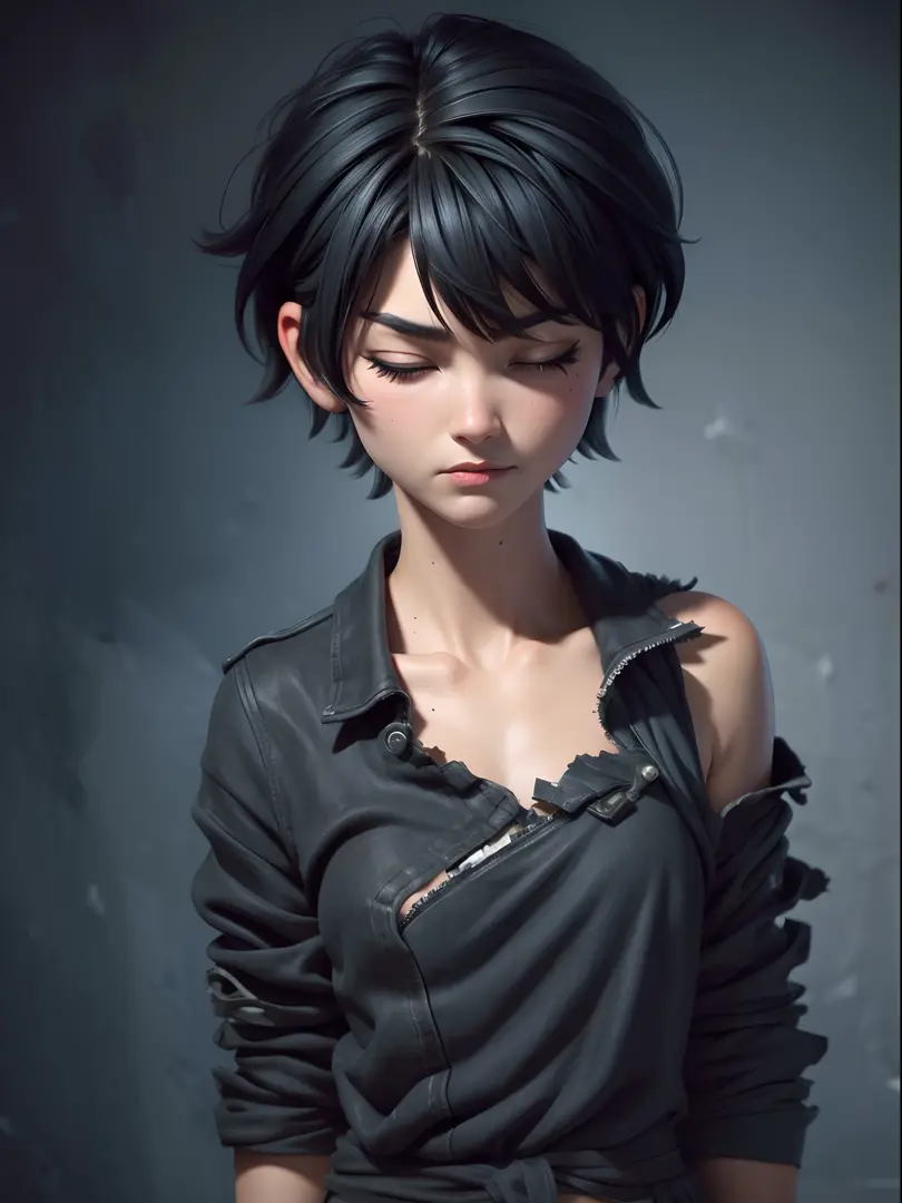 1girl, short black hair messy, black eyes, psycho look, gray haze around, peeking out upper body, dark cave, Ripped clothes, clo...