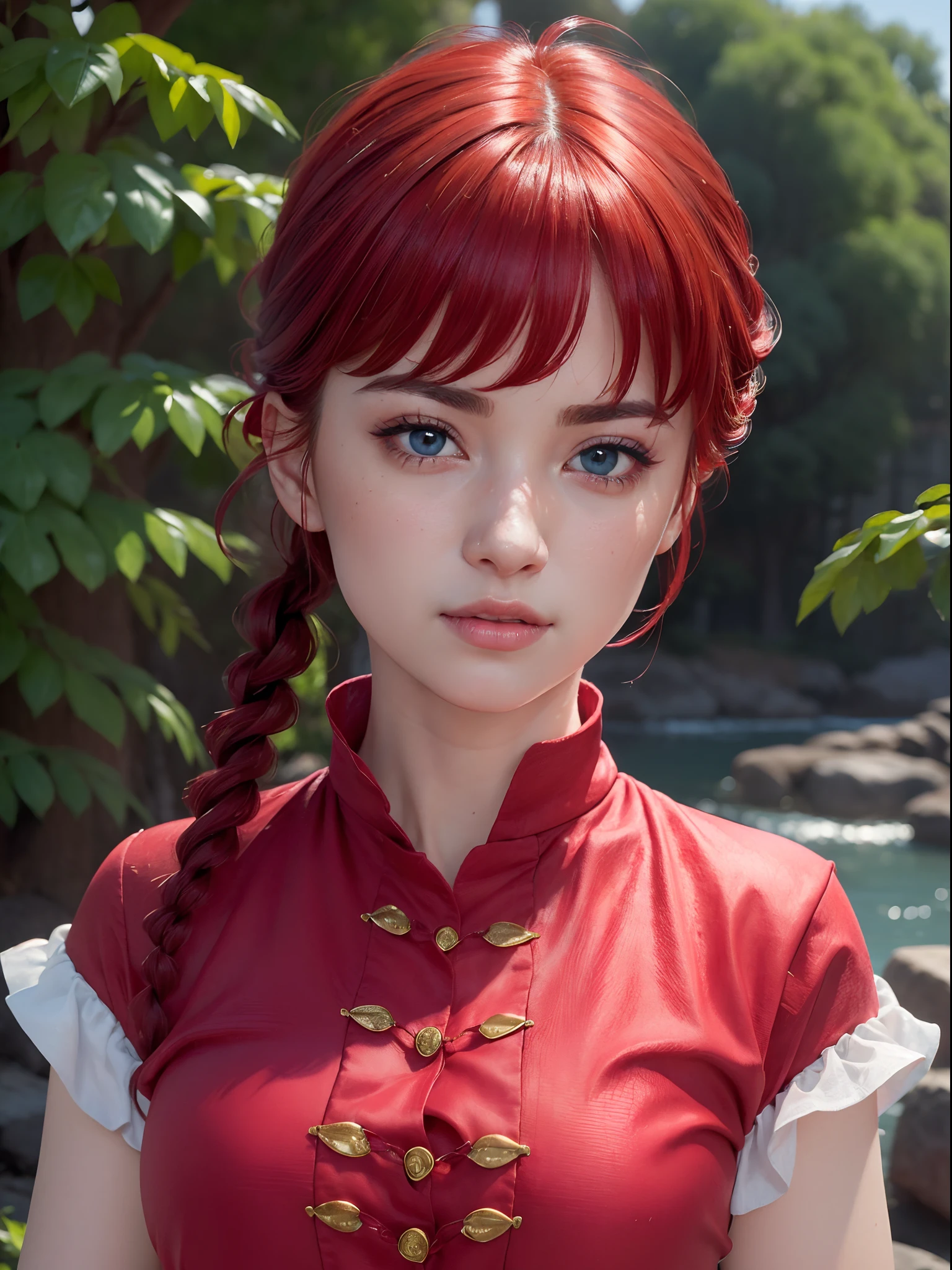 (masterpiece, best quality:1.4), (close up:1.5), (eyes focus:1), 1girl, ranma-chan, (1girl), solo, blue eyes, (red hair),  bangs, tangzhuang, braided ponytail, sleeves rolled up, on a chinesse garden with sakura trees, a bridge and water, looking at viewer, sexy smile, beautiful face, highly detailed face, highly detailed eyes, highly detailed skin, skin pores, subsurface scattering, realistic pupils, full face blush, full lips, detailed background, depth of field, volumetric lighting, sharp focus, absurdres, realistic proportions, good anatomy, (realistic, hyperrealistic:1.4), 16k hdr,