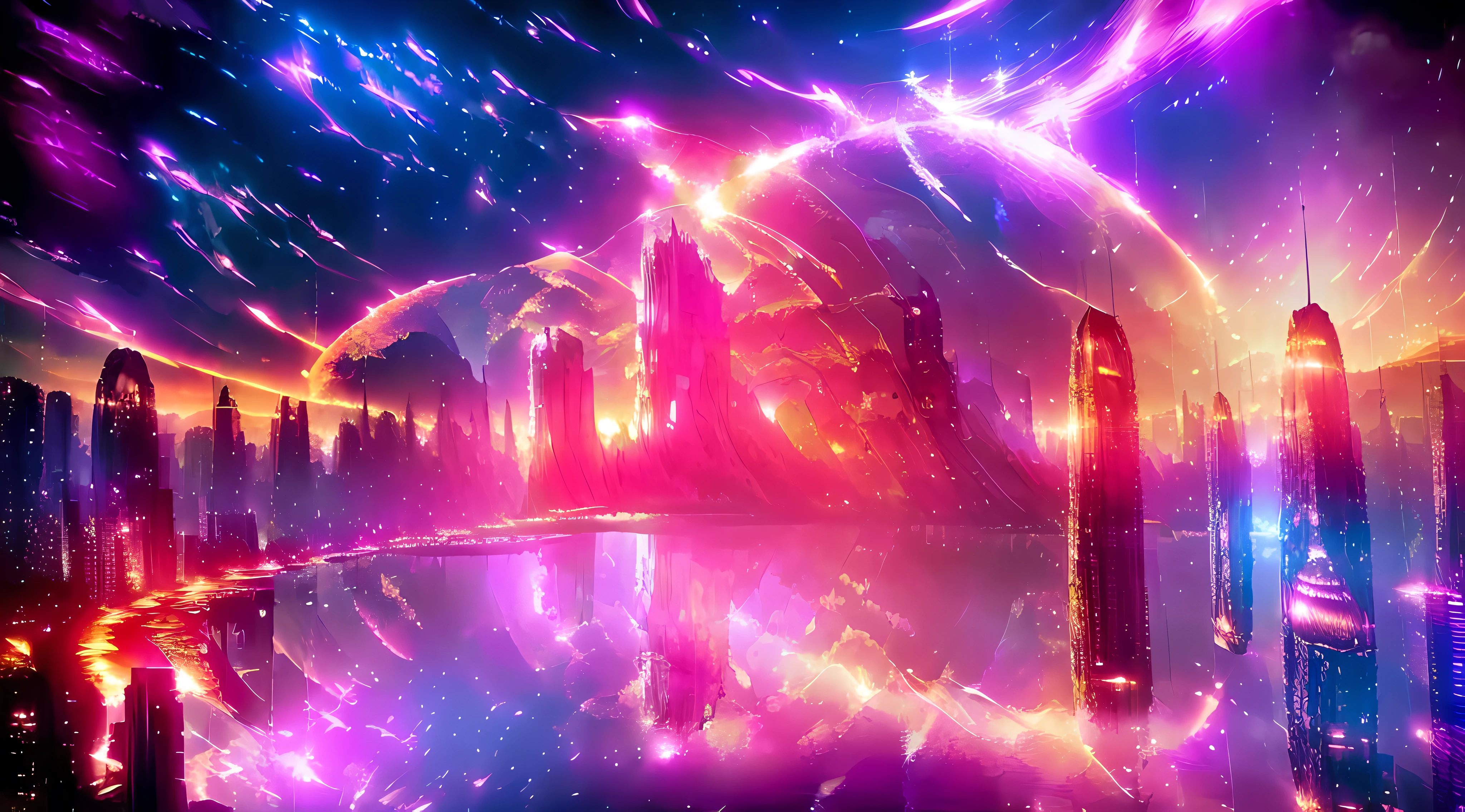 (deep in the night, deep in the night, deep in the night) I see a beautiful, detailed 8k artwork with a sugary pink crystal city, sparkling gold, and a fairytale landscape against a magical night sky.8k,((huge full city)),(space city),(nothern lights,detailed),((high quality))