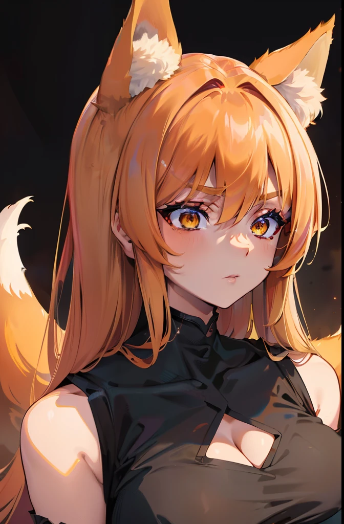 Volumetric Lighting, Best Shadows, Portrait Of Stunningly Beautiful Girl, , Delicate Beautiful Attractive Face With Alluring Yellow Eyes, Huge breasts, Short orange hair, Slim Waist, Standing, (Highest Quality, Amazing Details:1.25), Brilliant Colorful Paintings, anime character dressed a dress with a fox tail, fox, kitsune, a beautiful fox lady, a beautiful kitsune woman, goth makeup, goth clothes, goth, full body, portrait