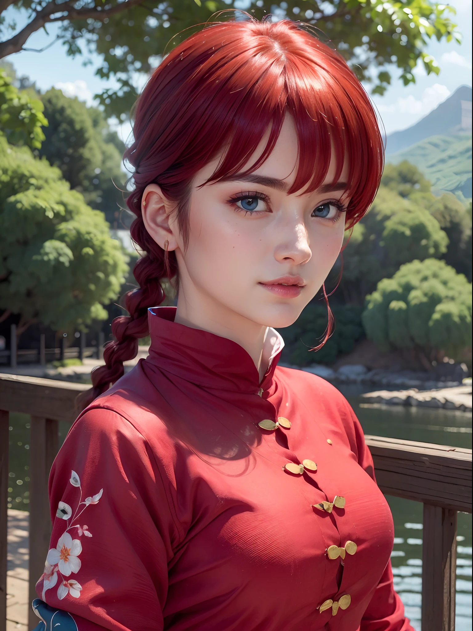 (masterpiece, best quality:1.4), (close up:1.5), (eyes focus:1), 1girl, ranma-chan, (1girl), solo, blue eyes, (red hair),  bangs, tangzhuang, braided ponytail, sleeves rolled up, on a chinesse garden with sakura trees, a bridge and water, looking at viewer, sexy smile, beautiful face, highly detailed face, highly detailed eyes, highly detailed skin, skin pores, subsurface scattering, realistic pupils, full face blush, full lips, detailed background, depth of field, volumetric lighting, sharp focus, absurdres, realistic proportions, good anatomy, (realistic, hyperrealistic:1.4), 16k hdr,