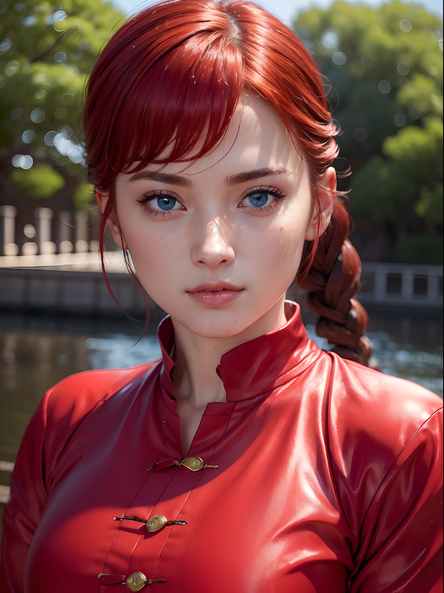 (masterpiece, best quality:1.4), (close up:1.5), (eyes focus:1), 1girl, ranma-chan, (1girl), solo, blue eyes, (red hair),  bangs, tangzhuang, braided ponytail, sleeves rolled up, on a chinesse garden with sakura trees, a bridge and water, looking at viewer, sexy smile, beautiful face, highly detailed face, highly detailed eyes, highly detailed skin, skin pores, subsurface scattering, realistic pupils, full face blush, full lips, detailed background, depth of field, volumetric lighting, sharp focus, absurdres, realistic proportions, good anatomy, (realistic, hyperrealistic:1.4), 16k hdr,