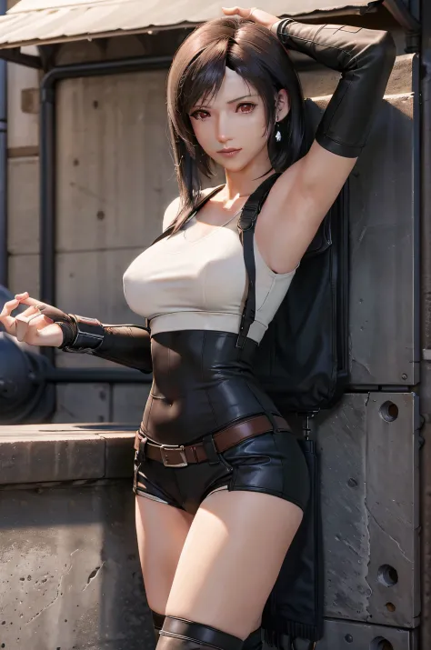 (​masterpiece), (top-quality), 8K分辨率, ultra-detailliert, ultra-detailliert, realisitic, a picture, photorealisim, (1girl in), Tifa, Final Fantasy, Tifa Lockhart, rays of sunshine, Cinematic, Cool pose, concrete wall,metal pipes,The description of Red Eye A...