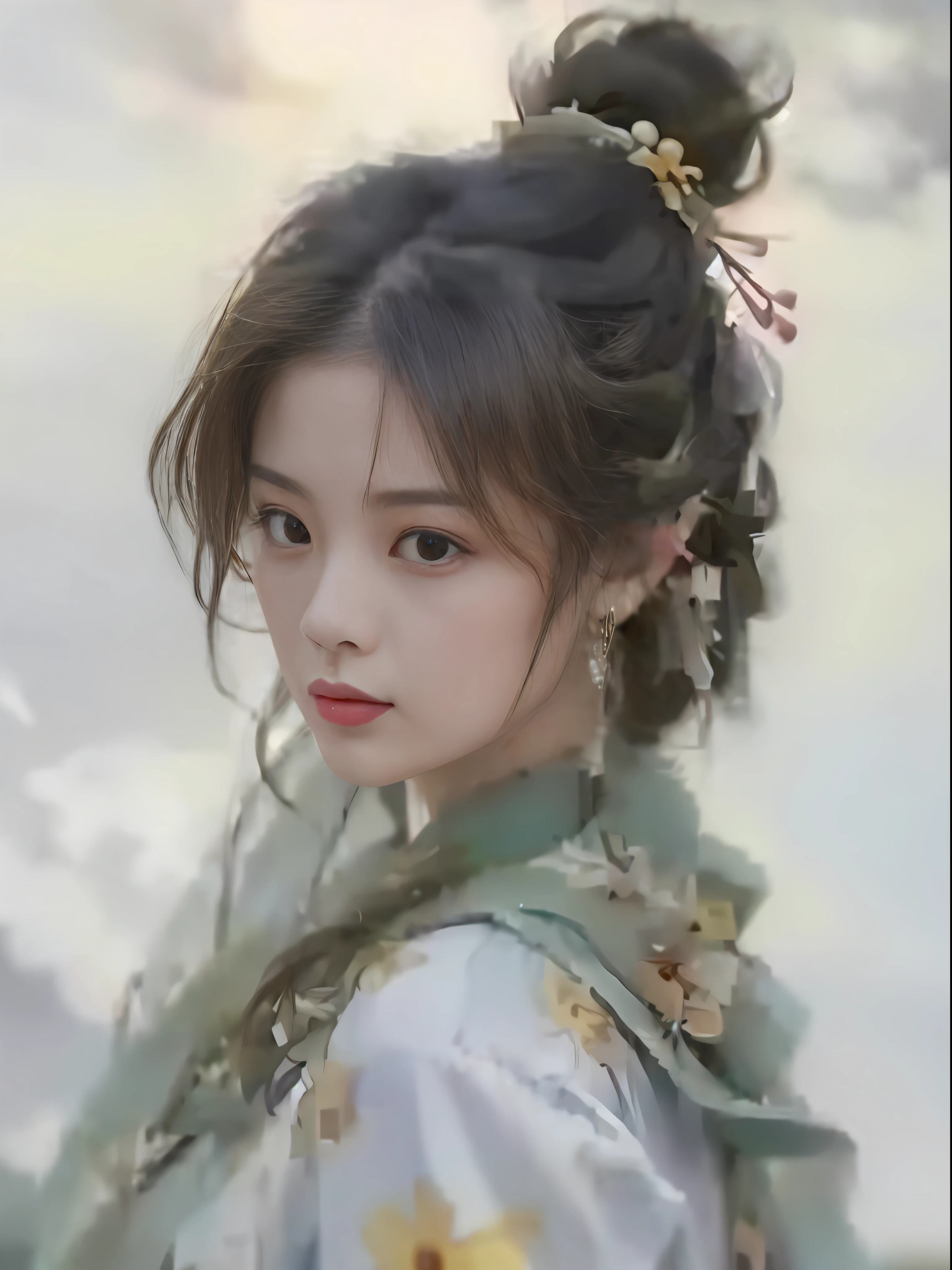 a close up of a drawing of a woman in a kimono，In the background are the sky, inspired by Du Qiong, Traditional beauty, Chinese girl, Inspired by Lan Ying, Inspired by Qiu Ying, gorgeous chinese models, Beautiful character painting, Guviz-style artwork, Palace ， A girl in Hanfu, in the art style of bowater, Inspired by Huang Ji