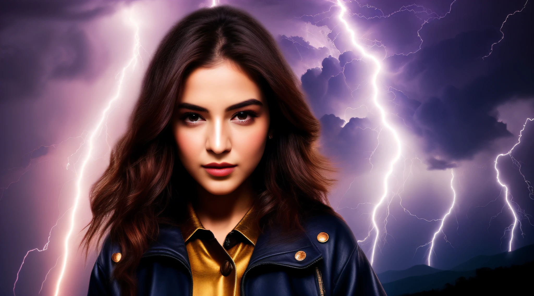 A closeup of a child with a lightning bolt in the background, splashes of lightning behind her,  with magical powers, she is attracting lightnings, cabelos eletrificados, lightning fantasy magic, cinematic lightning and colors, eletrizante, efeitos de raios, amazing lightning art, electric hair, with lightning bolts, lightning master, maya ali as a lightning mage, cinematic colorful lightning