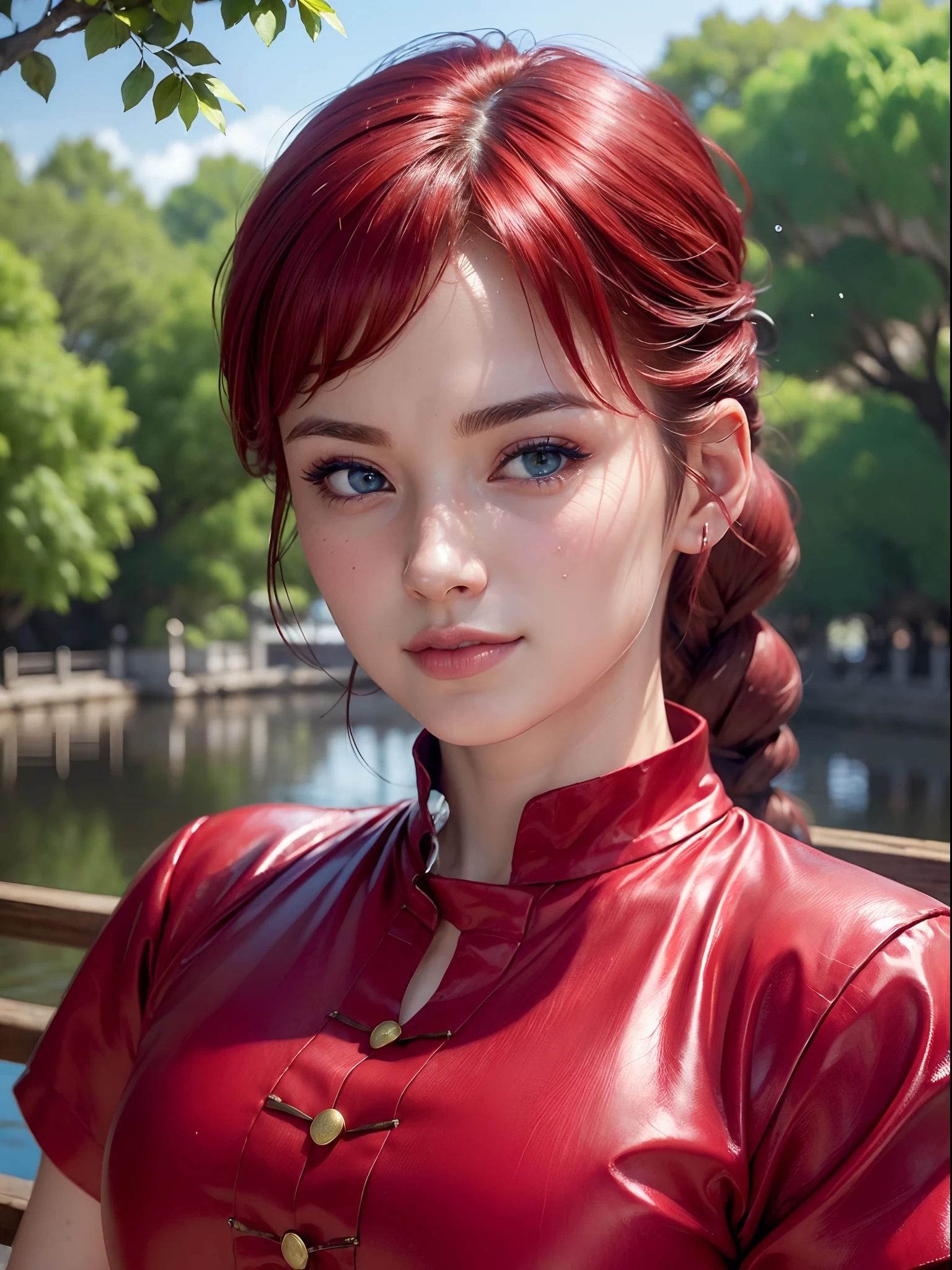 (masterpiece, best quality:1.4), (close up:1.5), (eyes focus:1), happy smile, 1girl, ranma-chan, (1girl), solo, blue eyes, (red hair),  bangs, tangzhuang, braided ponytail, sleeves rolled up, on a chinesse garden with sakura trees, a bridge and water, looking at viewer, sexy smile, beautiful face, highly detailed face, highly detailed eyes, highly detailed skin, skin pores, subsurface scattering, realistic pupils, full face blush, full lips, detailed background, depth of field, volumetric lighting, sharp focus, absurdres, realistic proportions, good anatomy, (realistic, hyperrealistic:1.4), 16k hdr,