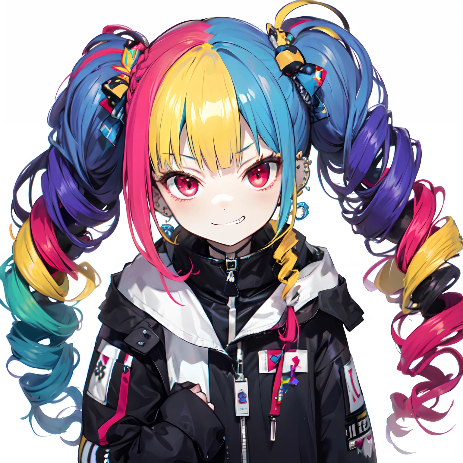 solo,two side up,(afro:1.4),ponytail,(dreadlocks:1.2),hime cut,(drill hair),twintails,braid,(hair bun:0.5),(wavy multicolor hair:1.2),(smokeanywhere:1.4),smirk,piercing