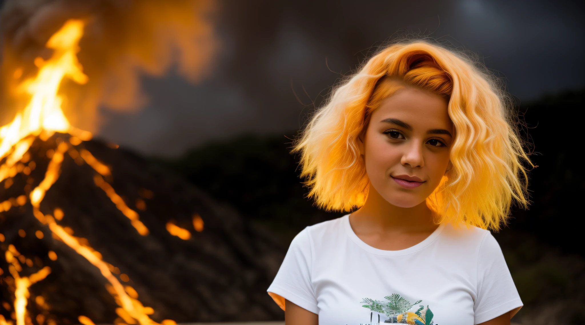 Um closeup de uma criança com cabelo amarelo e um top branco, cabelo de fogo, cabelos flamejantes, cabelo feito de fogo, cabelo como fogo, o cabelo dela é feito de fogo, o cabelo dela está pegando fogo, cabelo laranja brilhante, projeto da  chifres exuberantes, cabelo louco, cabelos eletrificados, cabelo de cenoura, longos cabelos loiros flamejantes, cabelo funky, cabelo laranja