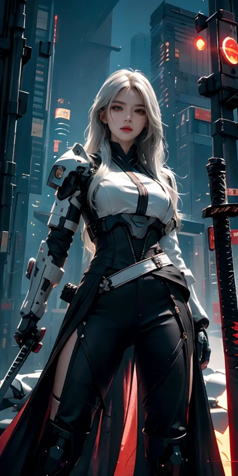 photorealistic, high resolution, soft light,1women, solo, hips up, (detailed face), white long hair, cybersamurai, cyborg, cyber...