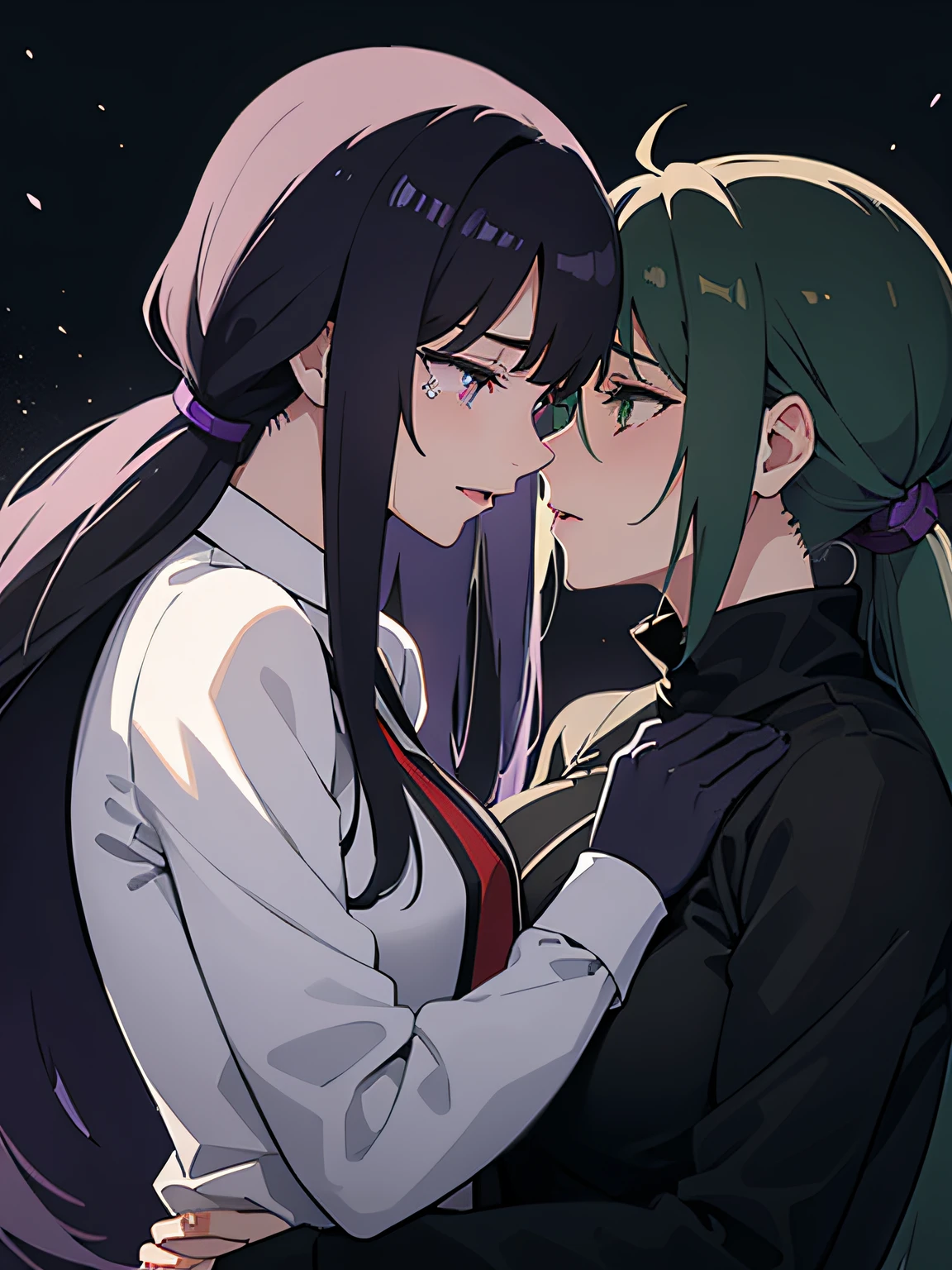 2women kissing, tears, sad, long black hair, purple eyes - SeaArt AI