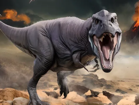 um close up de um dinossauro com a boca aberta e um fogo ao fundo, Tiranossauro, Dinossauro Trex, Tiranossauro rex, Tiranosaro Rex, Trex de Godzilla (2014), rottweiler dinosaur hybrid, carnivore dinosaur, Jurassic image, inspirado em Adam Rex, tom cruise v...
