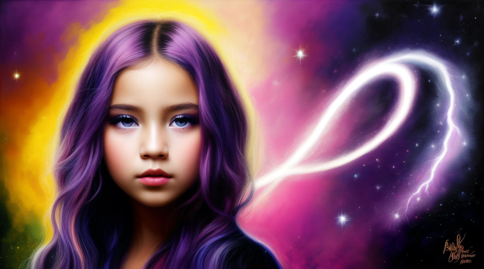 A closeup of a child with purple hair and blue eyes,  with magical powers, cabelos eletrificados, electric hair, lightning fantasy magic, arte digital fantasia, Arte digital alucinante, arte de fantasia digital ), painting digital adorable, portrait of magical young girl, airbrush digital art, bela arte digital, lindo arte digital, arte digital muito bonita, arte digital de fantasia