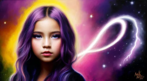 A closeup of a child with purple hair and blue eyes, little girl with magical powers, cabelos eletrificados, electric hair, ligh...