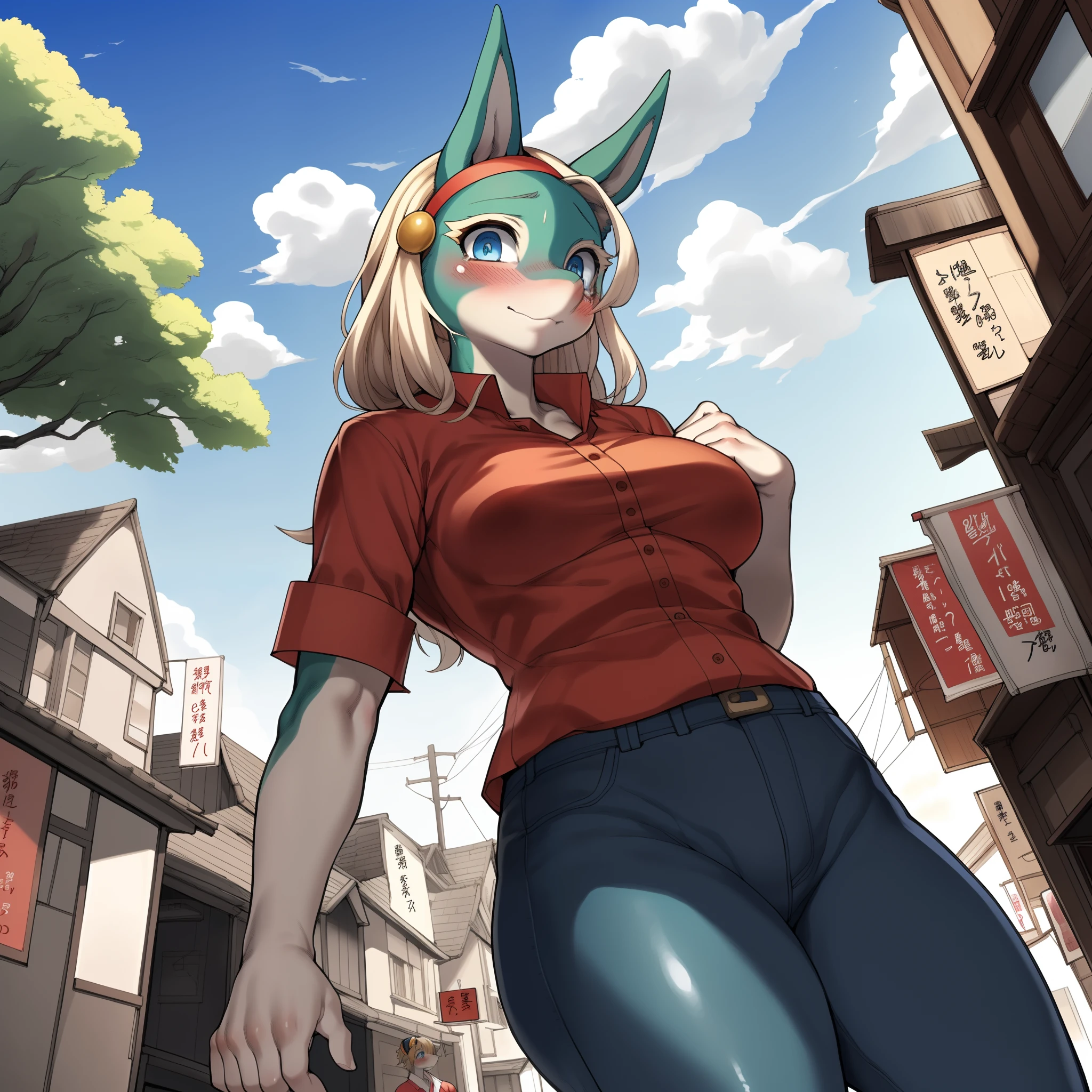 Ippan_josei, by gudlmok99, by sleepiness18, by kikurage, solo, (looking_to_the_side:1.1), blushing, (wearing_red_button_up_shirt:1.2), Blue skinny jeans, blue eyes, clearly drawn eyes, good anatomy, white and red boots, outside in a japanese street, (medium low-angle shot:1.1), tall woman, dutch angle, bashful, shy, flirty, romanced, romantic body language