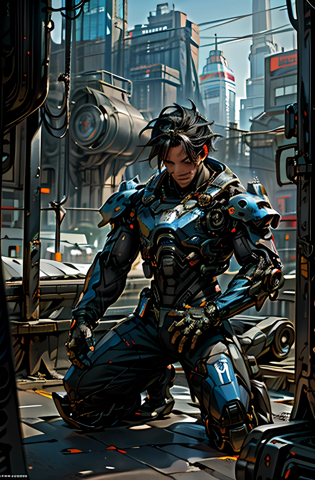 cyberpunk, (chain saw, chain saw man, blue:1.1), kneeling on roof of a car, robotic essence, reelmech, cybernetic samurai, worn-out mech suit, damaged, intricate, (rusty, damaged), elegant, clear focus, shot by greg rutkowski, soft lighting, vibrant colors, masterpiece, ((street)), cowboy shot, dynamic pose, fighting stance