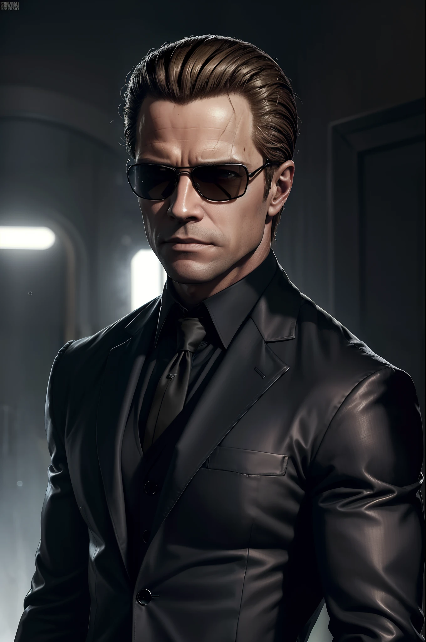 ((Albert Wesker)), ((Corpo Inteiro)), cara loiro GUY PEARCE, in a suit with Matrix-style sunglasses, em um terno preto de couro, em um terno de camisa preta, ((camisa preta gravata preta)), face malignant expression.