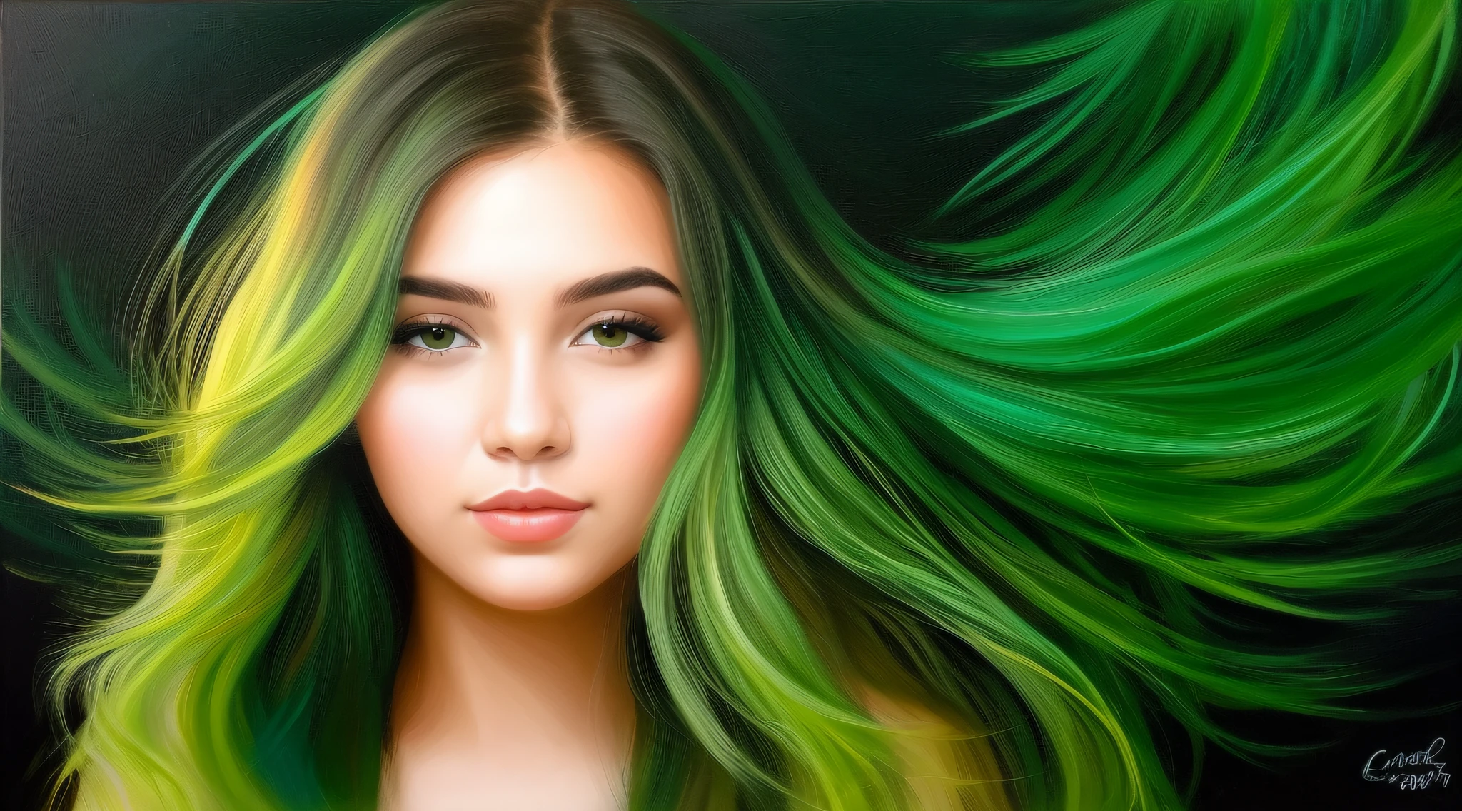 Arafed blonde girl with green hair and blue eyes, color studio portrait, blond hair green eyes, Green Highlights, bright green hair, cutie girl, colorized portrait, green haired, light green tone beautiful face, cute young girl, green flowing hair, green juba, green haired longos,  pretty, painting digital adorable, green wavy hair, green colored skin!!