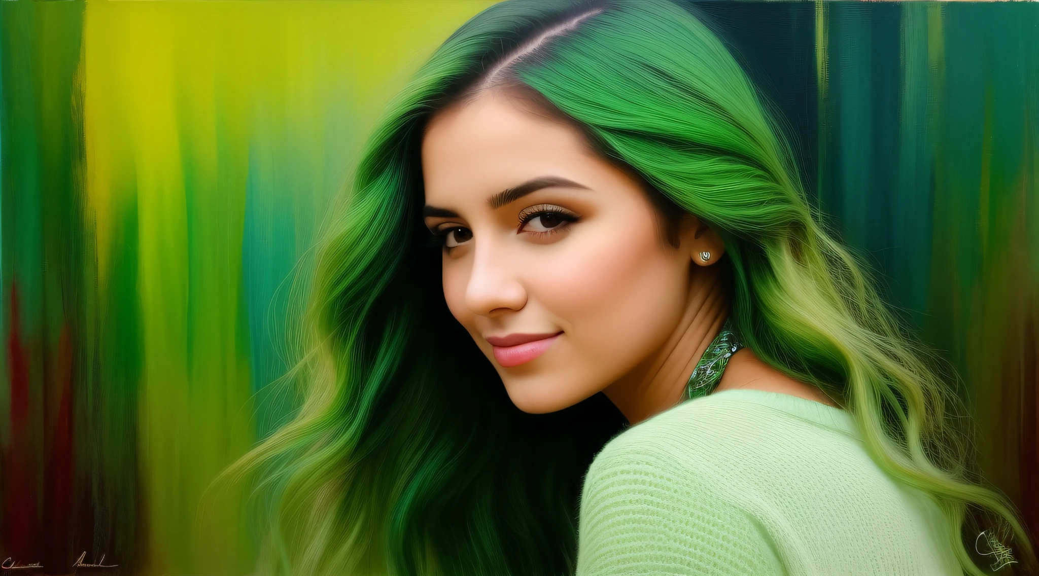 menina loira arafed com cabelo verde e olhos azuis, retrato de estúdio colorido, cabelos loiros olhos verdes, Destaques verdes, cabelo verde brilhante, menina bonito, retrato colorido, cabelos verdes, tom verde claro rosto bonito, menina jovem bonito, cabelo verde esvoaçante, juba verde, cabelos verdes longos,  bonita, pintura digital adorável, cabelo ondulado verde, pele de cor verde!!