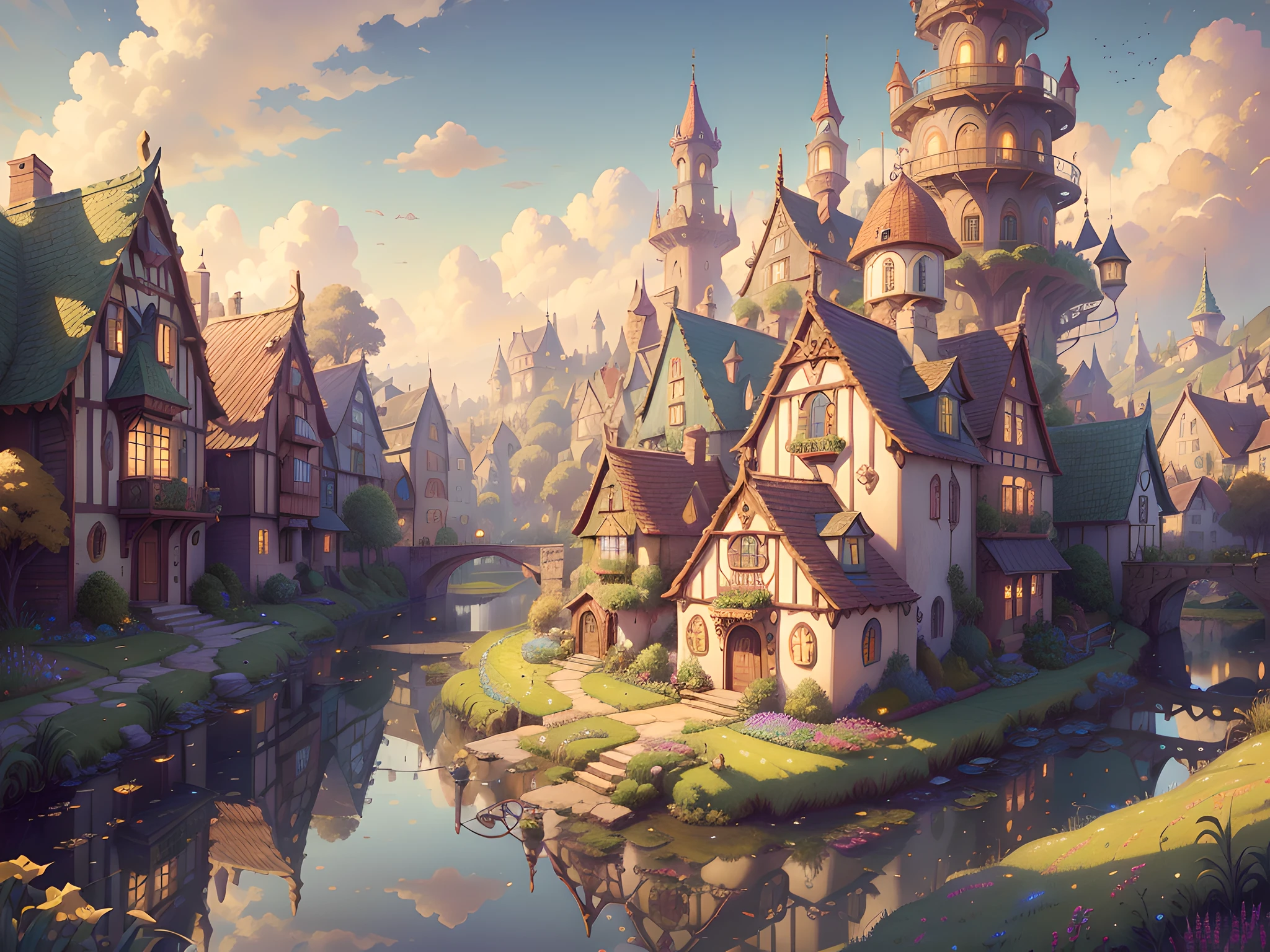 (masterpiece), (best quality), (ultra-detailed), Cozy fantasy town, magical, colorful, houses, gardens, wheat fields, highly detailed, high resolution, ray tracing reflections, 8k vibrant colors, intricate complexity, soft natural volumetric cinematic perfect light, illustration, scenery, Tilt-shift, 80mm lens,