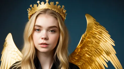 Blonde girl with golden hair and a golden crown on her head, Grimes - Book 1 Album cover, gold wings on head, gilded gold halo b...