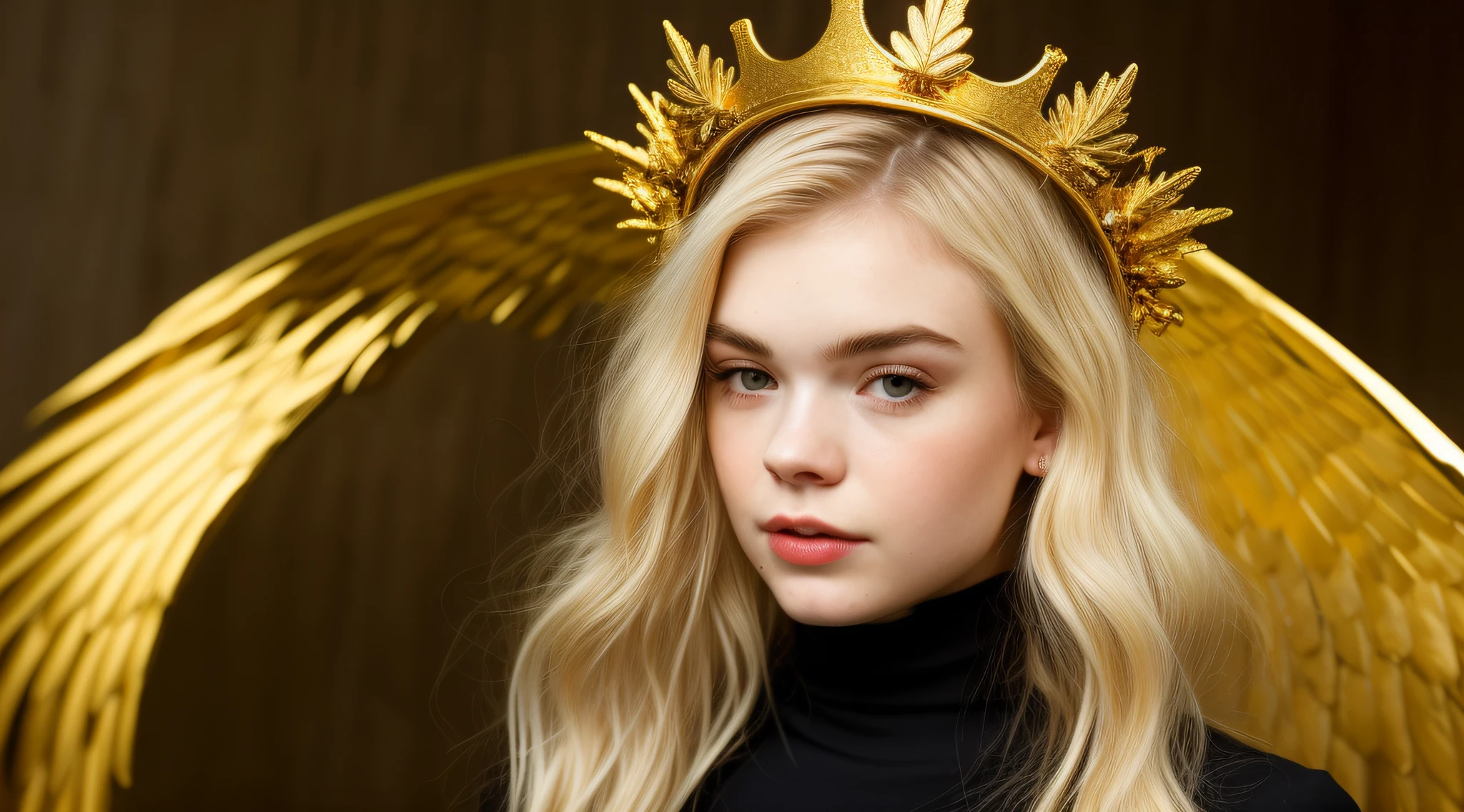 Blondes Mädchen mit goldenen Haaren und einer goldenen Krone auf dem Kopf, Schmutz - Book 1 Album cover, Goldene Flügel auf dem Kopf, vergoldeter goldener Heiligenschein hinter dem Kopf, goldenes Haar, goldenes Haar, Schmutz, Goldkrone und Filamente, goldener Heiligenschein hinter ihrem Kopf, Elle Fanning als Androidin, Spaghetti-Haare, parece uma mistura de Schmutz, assemelhando-se a uma mistura de Schmutz