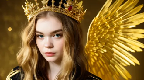 Blonde girl with golden hair and a golden crown on her head, Grimes - Book 1 Album cover, gold wings on head, gilded gold halo b...