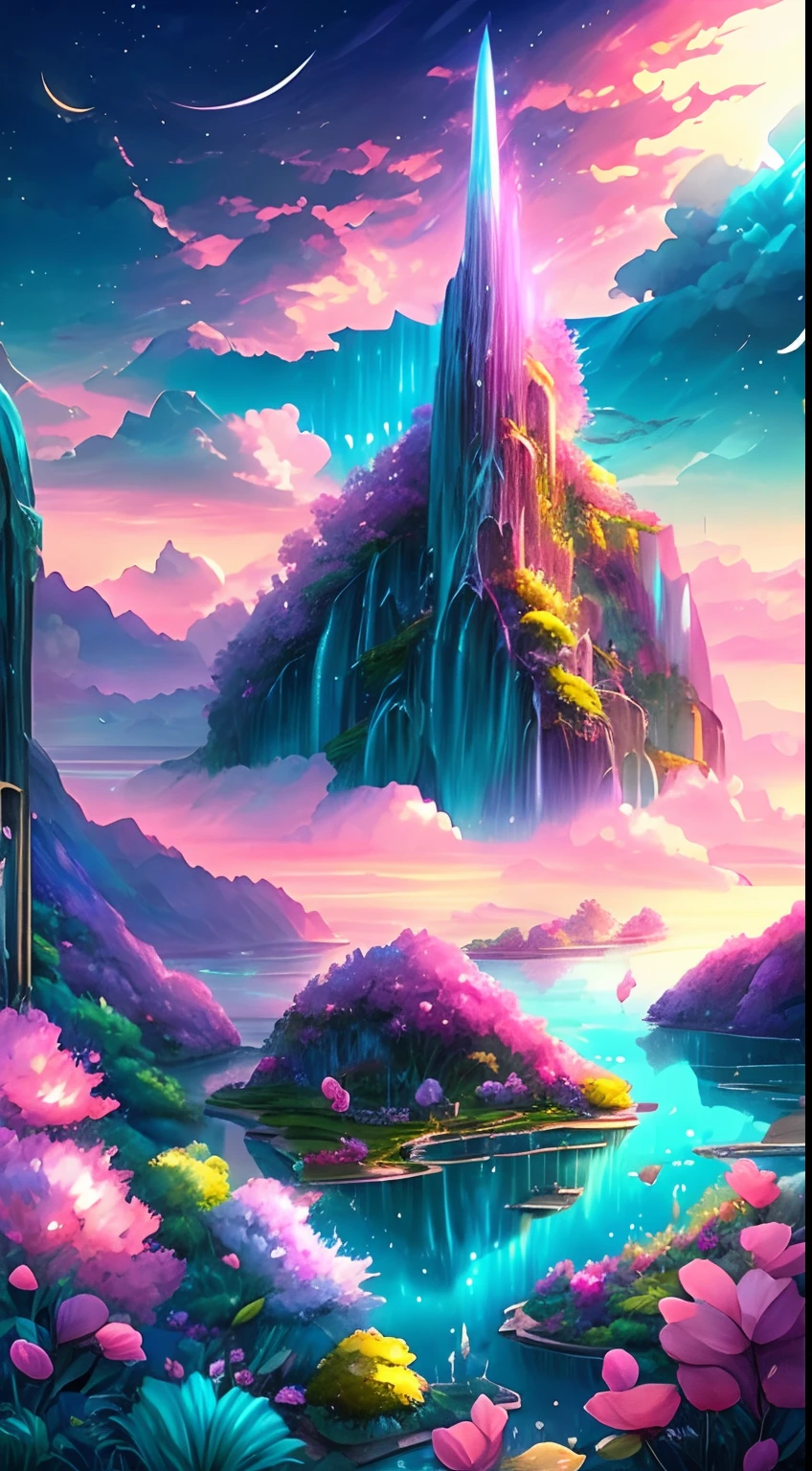 Envision a mesmerizing scene of a ((dreamy and ethereal)) realm of romantic dreams. The environment is filled with intricate floating islands, fluffy clouds, waterfalls cascading from the floating islands, and a vibrant, surreal atmosphere. The atmosphere is filled with a sense of wonder and tranquility. Include many shades of pink in the image along with other vibrant jewel-toned hues. This scene will be depicted in an anime-style illustration, with soft lines, pastel colors, and a whimsical touch. All buildings are extremely detailed and elegant. The artwork will capture the ethereal beauty and tranquility of the dreamlike realm, creating a sense of harmony and escape from the ordinary world. Include teal water, colorful watercolor skies, glowing elements, and many small fantasy details including iridescence, expertly created majestic landscapes, and shimmer and glimmer. Above all else, this should look like a fantasy artwork.