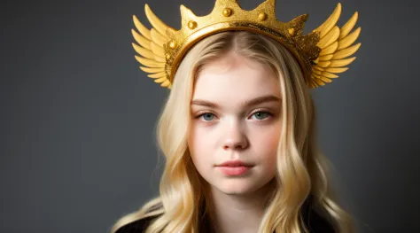 Blonde KIDS girl with golden hair and a golden crown on her head, Grimes - Book 1 Album cover, gold wings on head, gilded gold h...