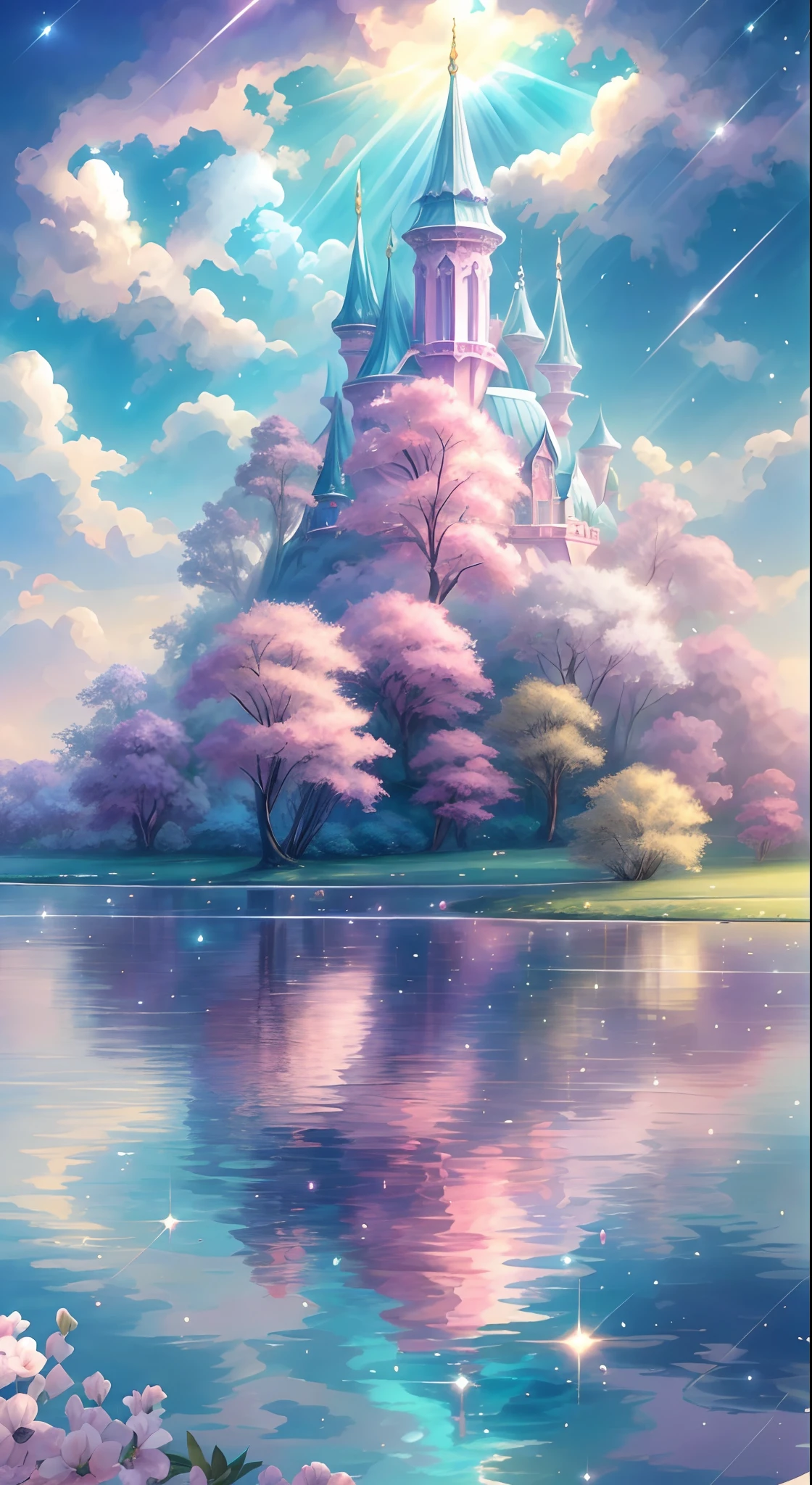 Envision a mesmerizing scene of a magnificent realm of romantic dreams. The environment is filled with intricate floating islands, fluffy clouds, waterfalls cascading from the floating islands, and a vibrant, surreal atmosphere. The atmosphere is filled with a sense of wonder and tranquility. (((This artwork is an extremely realistic and highly detailed illustration.))) Include many shades of pink in the image along with other vibrant jewel-toned hues. This scene will be depicted in an anime-style illustration, with soft lines, pastel colors, and a whimsical touch. All buildings are extremely detailed and elegant. The artwork will capture the ethereal beauty and tranquility of the dreamlike realm, creating a sense of harmony and escape from the ordinary world. Include teal water, colorful watercolor skies, glowing elements, and many small fantasy details including iridescence, expertly created majestic landscapes, and shimmer and glimmer. Above all else, this should look like a fantasy artwork.