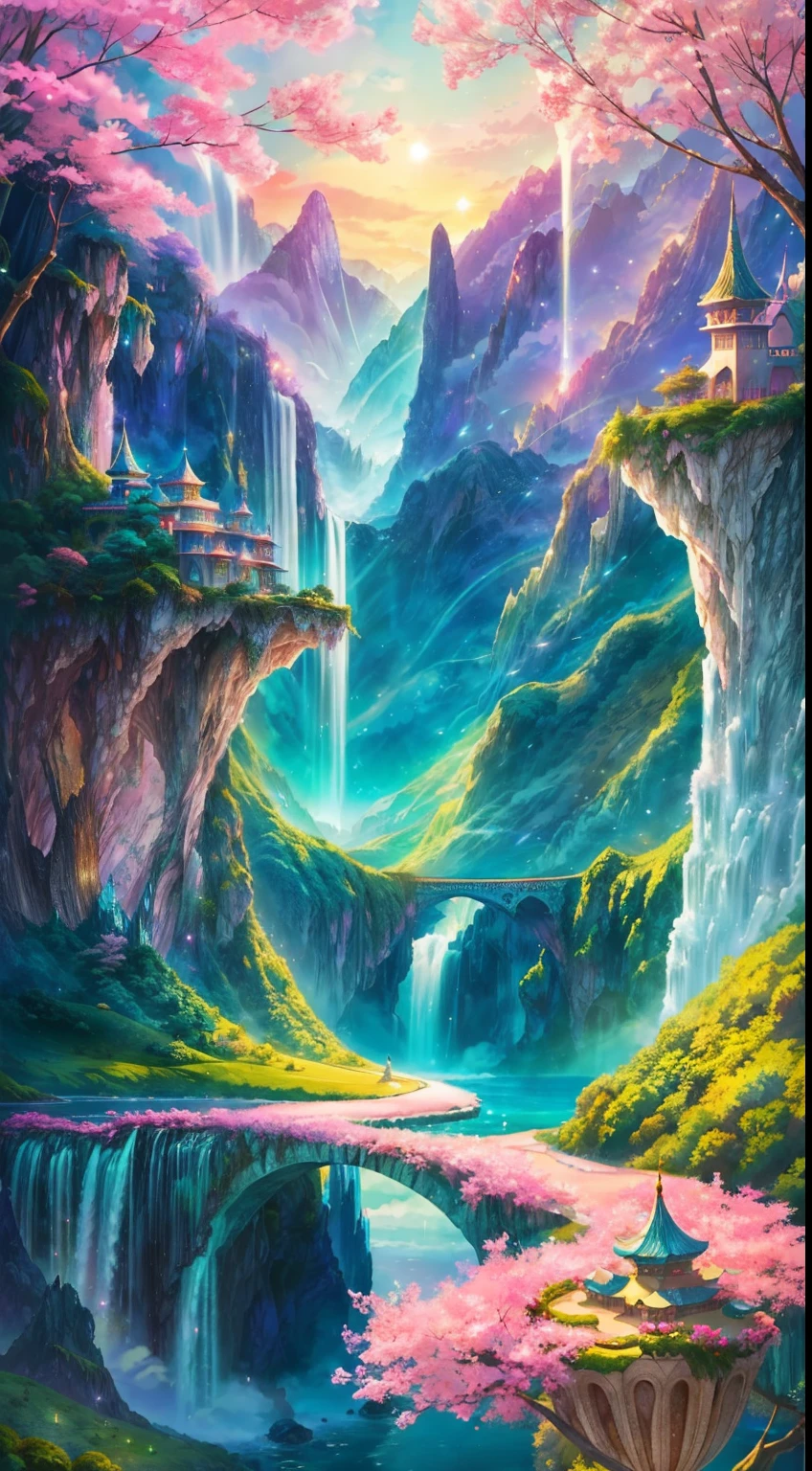 Envision a mesmerizing scene of a magnificent realm of romantic dreams. The environment is filled with intricate floating islands, fluffy clouds, waterfalls cascading from the floating islands, and a vibrant, surreal atmosphere. The atmosphere is filled with a sense of wonder and tranquility. Include many shades of pink in the image along with other vibrant jewel-toned hues. This scene will be depicted in an anime-style illustration, with soft lines, pastel colors, and a whimsical touch. All buildings are extremely detailed and elegant. The artwork will capture the ethereal beauty and tranquility of the dreamlike realm, creating a sense of harmony and escape from the ordinary world. Include teal water, colorful watercolor skies, glowing elements, and many small fantasy details including iridescence, expertly created majestic landscapes, and shimmer and glimmer. Above all else, this should look like a fantasy artwork.