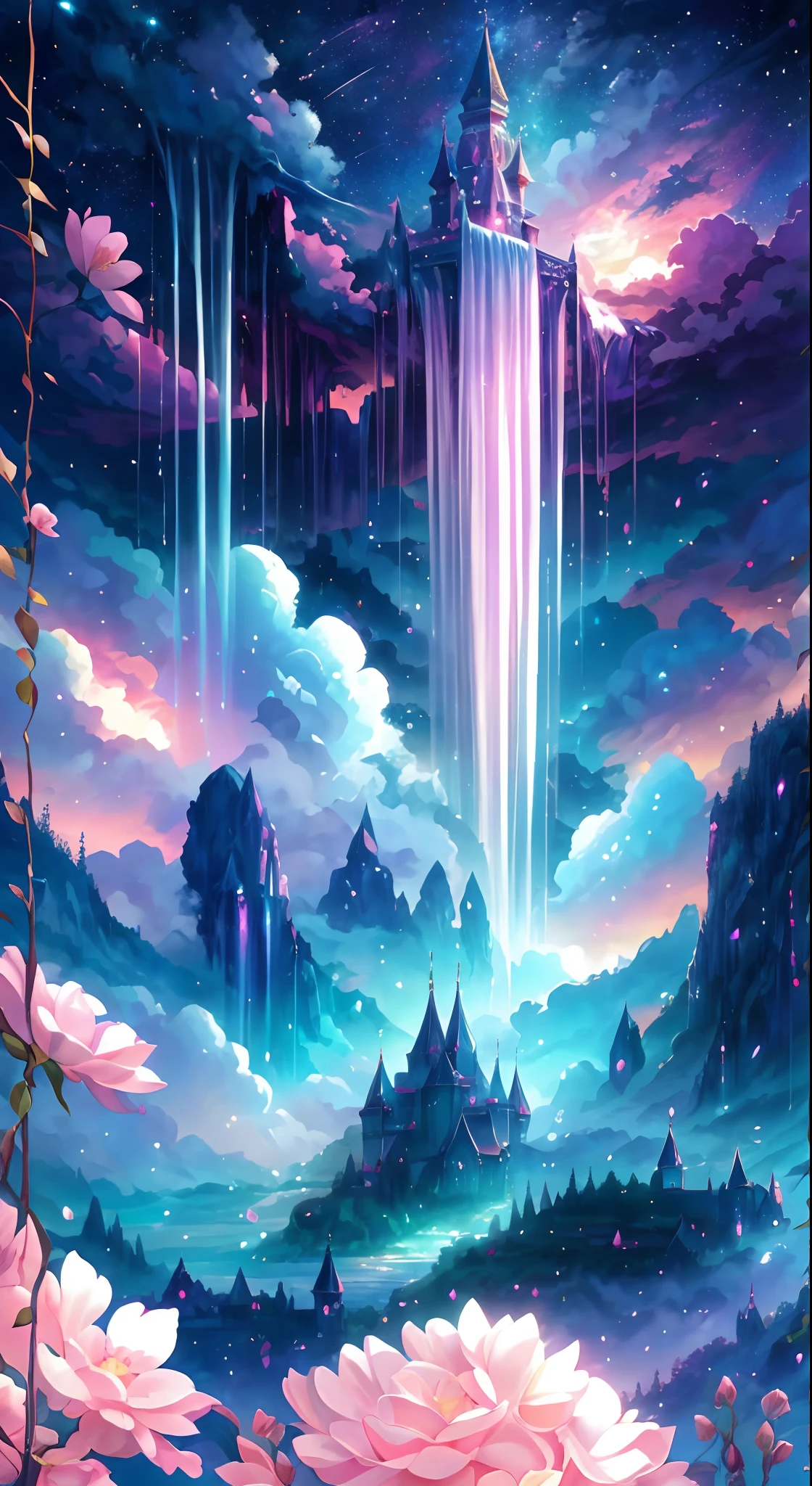 Envision a mesmerizing scene of a magnificent realm of romantic dreams. (((This artwork is extremely realistic and highly and complexly detailed.))) The environment is filled with intricate floating islands, fluffy clouds, waterfalls cascading from the floating islands, and a vibrant, surreal atmosphere. The atmosphere is filled with a sense of wonder and tranquility. Include many shades of pink in the image along with other vibrant jewel-toned hues. This scene will be depicted in an anime-style illustration, with soft lines, pastel colors, and a whimsical touch. All buildings are extremely detailed and elegant. The artwork will capture the ethereal beauty and tranquility of the dreamlike realm, creating a sense of harmony and escape from the ordinary world. Include teal water, colorful watercolor skies, glowing elements, and many small fantasy details including iridescence, expertly created majestic landscapes, and shimmer and glimmer. Above all else, this should look like a fantasy artwork.