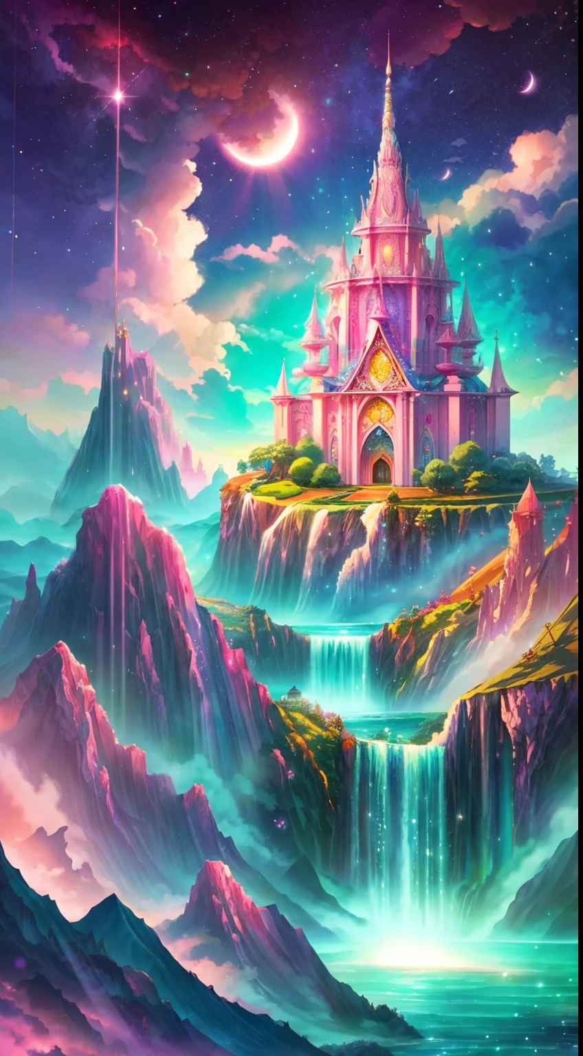 Imagina una escena fascinante de un magnífico reino de sueños románticos.. El entorno está lleno de intrincadas islas flotantes., Nubes esponjosas, cascadas que caen desde las islas flotantes, y un vibrante, atmósfera surrealista. El ambiente está lleno de una sensación de asombro y tranquilidad.. Incluya muchos tonos de rosa en la imagen junto con otros tonos vibrantes de joyas.. Esta escena se representará en una ilustración de estilo anime., con líneas suaves, colores pasteles, y un toque caprichoso. Todos los edificios son extremadamente detallados y elegantes.. La obra de arte capturará la belleza etérea y la tranquilidad del reino de los sueños., creando una sensación de armonía y escape del mundo ordinario. Incluye agua de cerceta, cielos coloridos de acuarela, elementos brillantes, y muchos pequeños detalles de fantasía, incluida la iridiscencia., paisajes majestuosos creados por expertos, y brillar y brillar. Sobre todo, Esto debería verse como una obra de arte de fantasía..