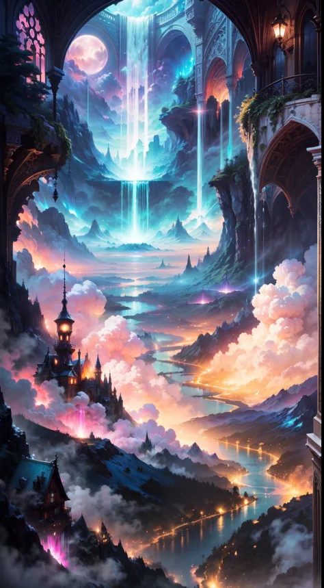 Envision a mesmerizing scene of a magnificent realm of romantic dreams. The environment is filled with intricate floating islands, fluffy clouds, waterfalls cascading from the floating islands, and a vibrant, surreal atmosphere. The atmosphere is filled wi...